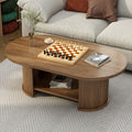 Oval Fluted Coffee Table, 47' Farmhouse Wood Coffee Table, Mid-Century 2-Tier Coffee Table with Storage Shelf, Accent Center Table with Dual Base, Boho Living Room Tables for Living Room Office,Walnut