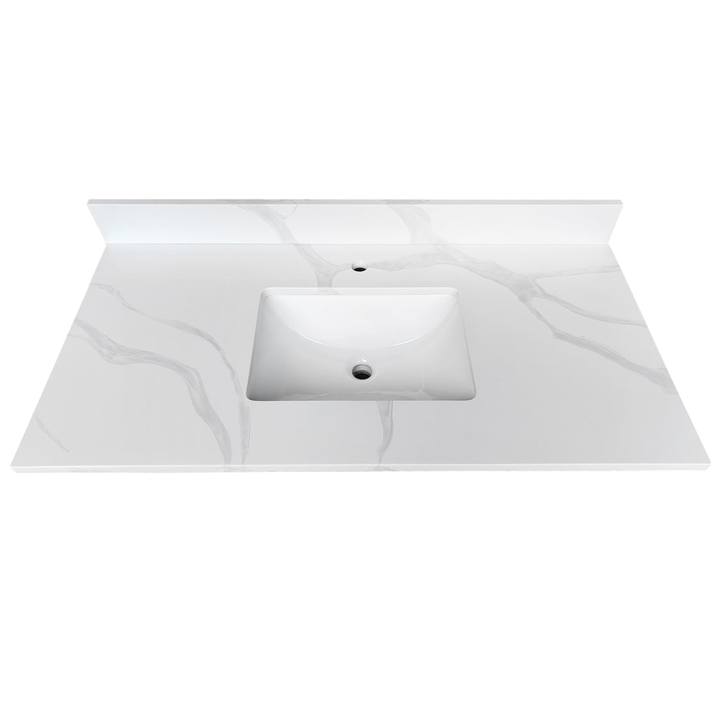 43-inch Quartz Bathroom Vanity Top, 3/4' Thick with Undermount Single Bowl Middle Sink, 4 Inch High Backsplash, 1 Pre-Drilled Faucet Hole, Stain & Heat Resistant, Carrara White Quartz with Veins