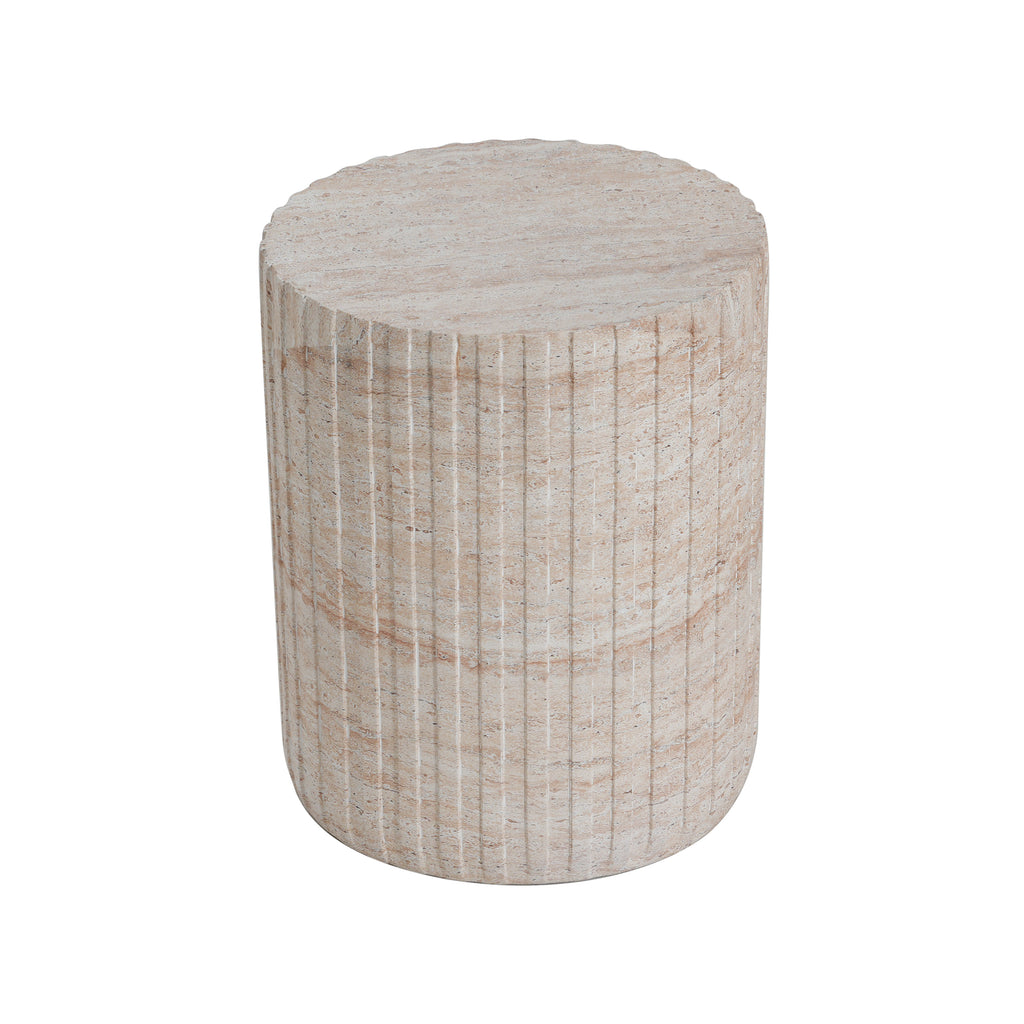 Elegant Outdoor/Indoor Lightweight Concrete Side Table with Travertine Finish, Beige, 15.75 x 15.75 x 18.75 inches