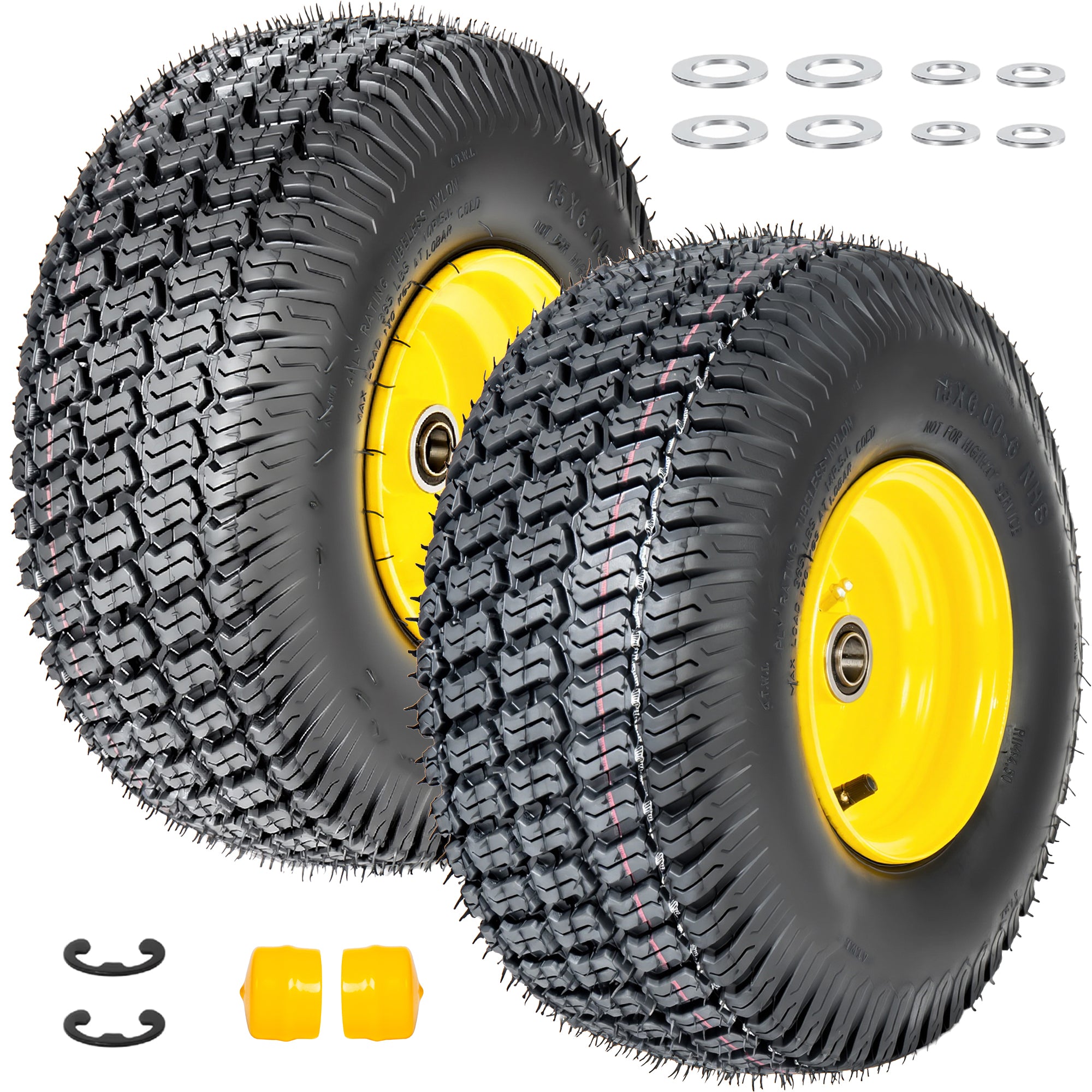 Set of 2 15x6.00-6 Lawn Mower Tires and Wheel Assembly, 4-Ply Tubeless Turf Tread Replacement, 3' Centered Hub with 3/4' Bearings, Yellow Steel Rim for Riding Mowers, 570 lbs Capacity