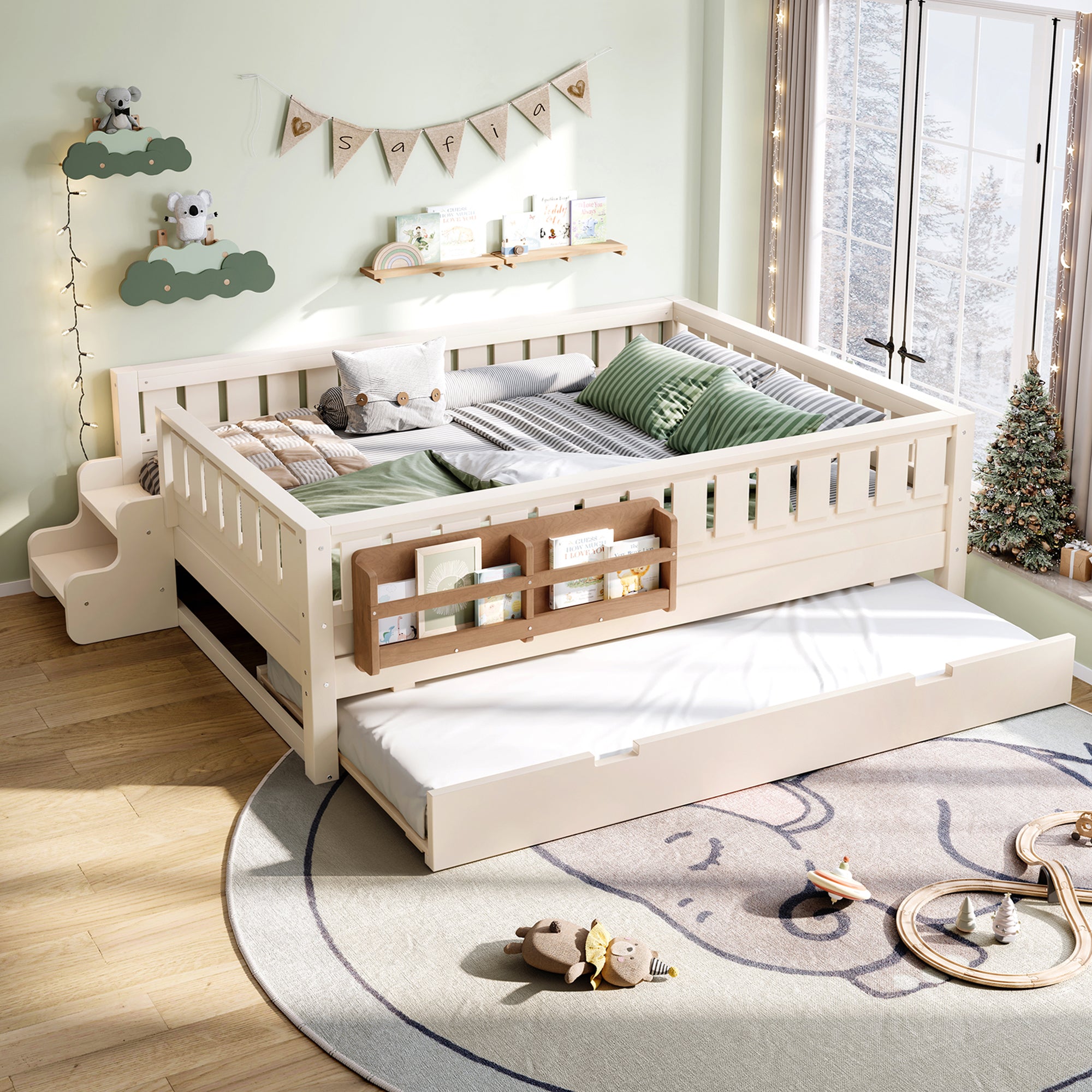Full with built-in bookshelves and small staircase, high-quality safety rails, and Trundle,Beige