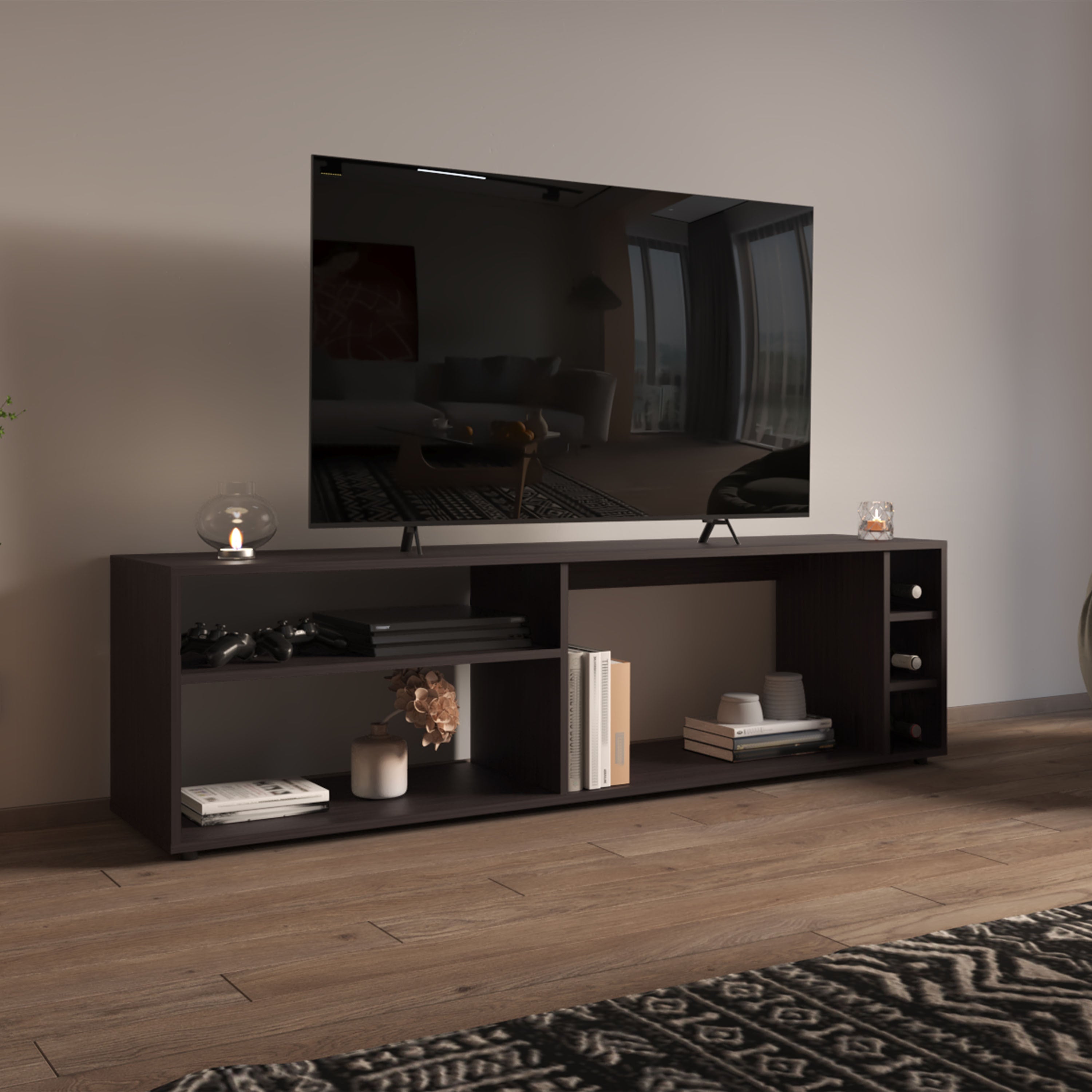 Suxta 63' Wide Tv Stand with Three Open Shelves and Three Bottle Cubbies, Cable Management, Bar Tv Stand, Living Room, Tv Room Black