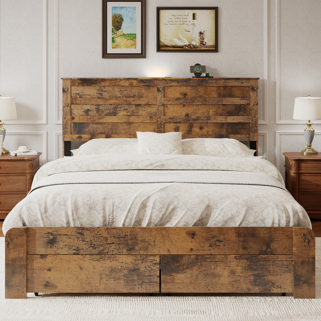 QUEEN-size bed frame with 2 storage drawers and 2 USB ports, wooden platform bed frame with storage headboard charging station, metal slat support, mattress not required, Dark Brown