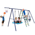 6 in 1 Swing Set With Climbing Ladder, Climbing Net, Glider, Hammock Swing, Belt Swing, Basketball hoop for Backyard