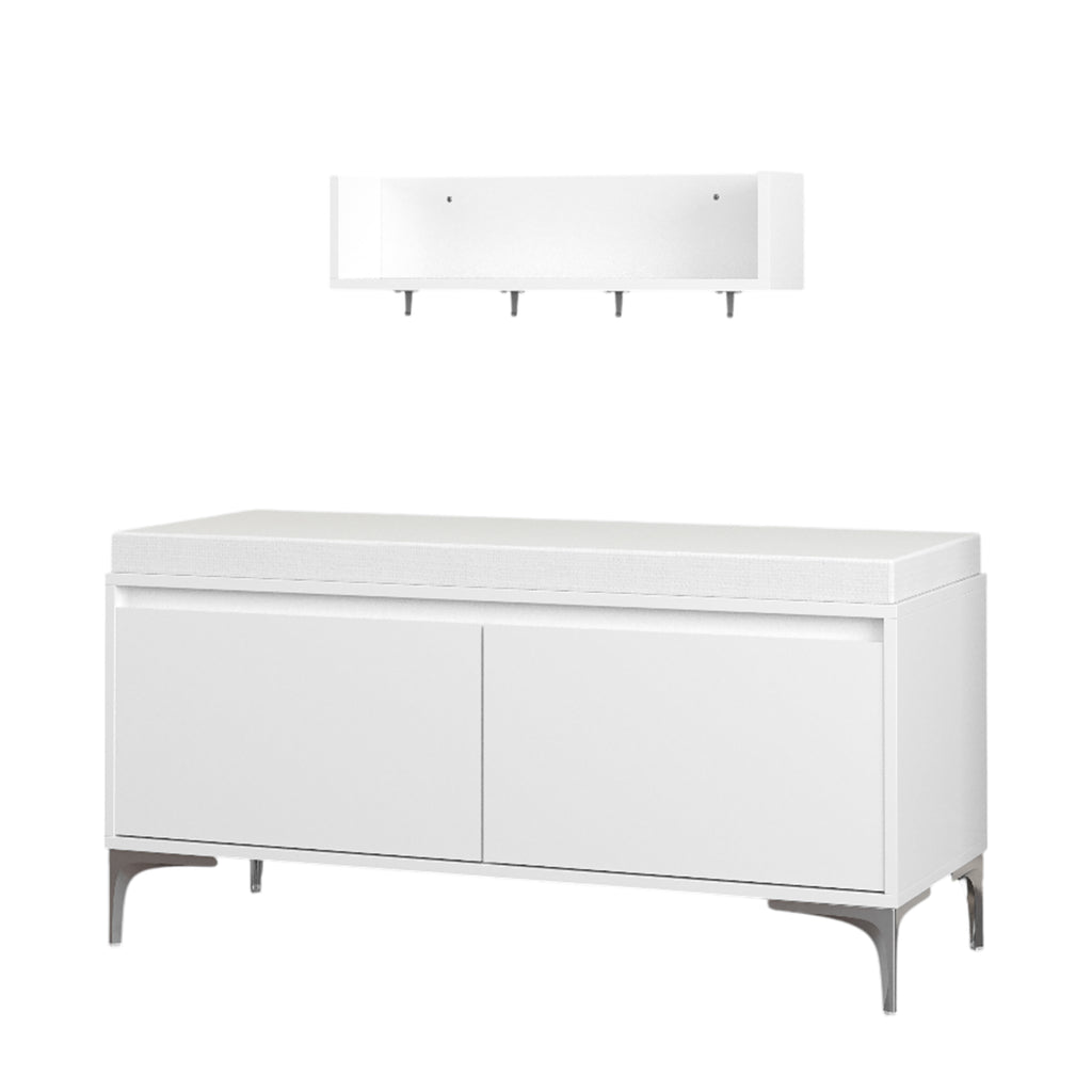 Modern White Wall-Mounted Entryway Shelf with Hooks and Storage Bench Set, Off White Metal & Wood, 39.37 x 15.75 x 19.49 inches