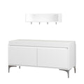 Modern White Wall-Mounted Entryway Shelf with Hooks and Storage Bench Set, Off White Metal & Wood, 39.37 x 15.75 x 19.49 inches