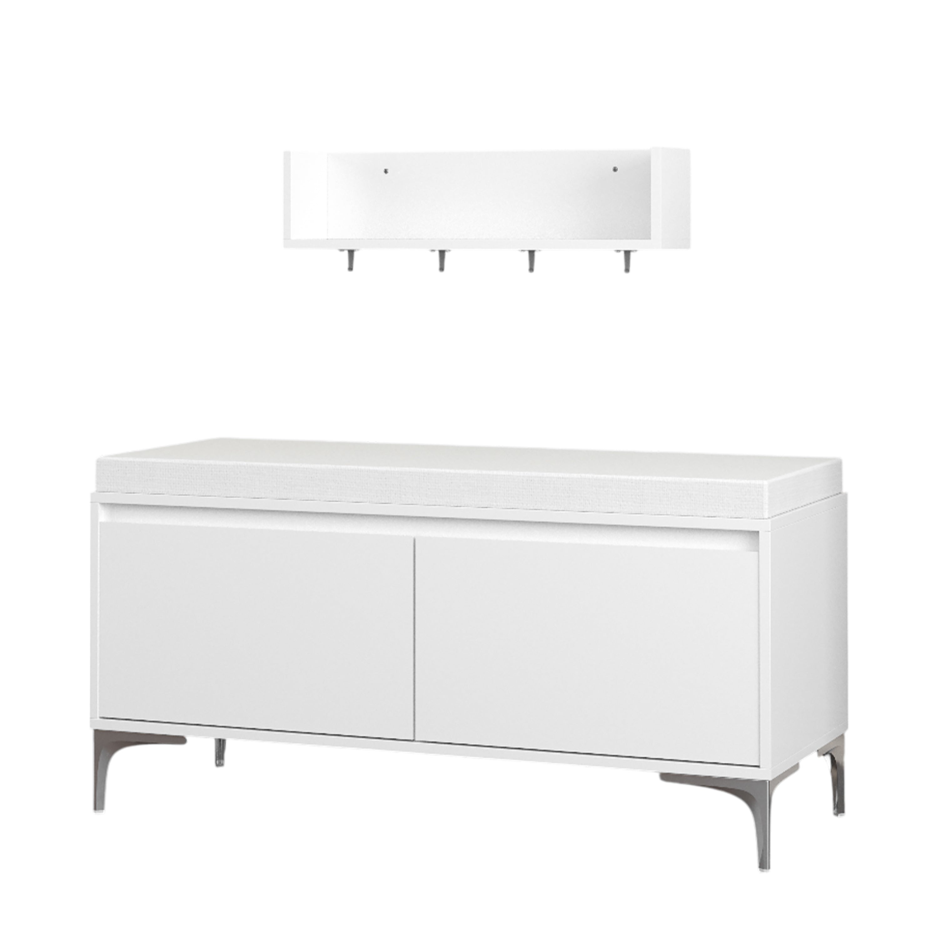 Modern White Wall-Mounted Entryway Shelf with Hooks and Storage Bench Set, Off White Metal & Wood, 39.37 x 15.75 x 19.49 inches