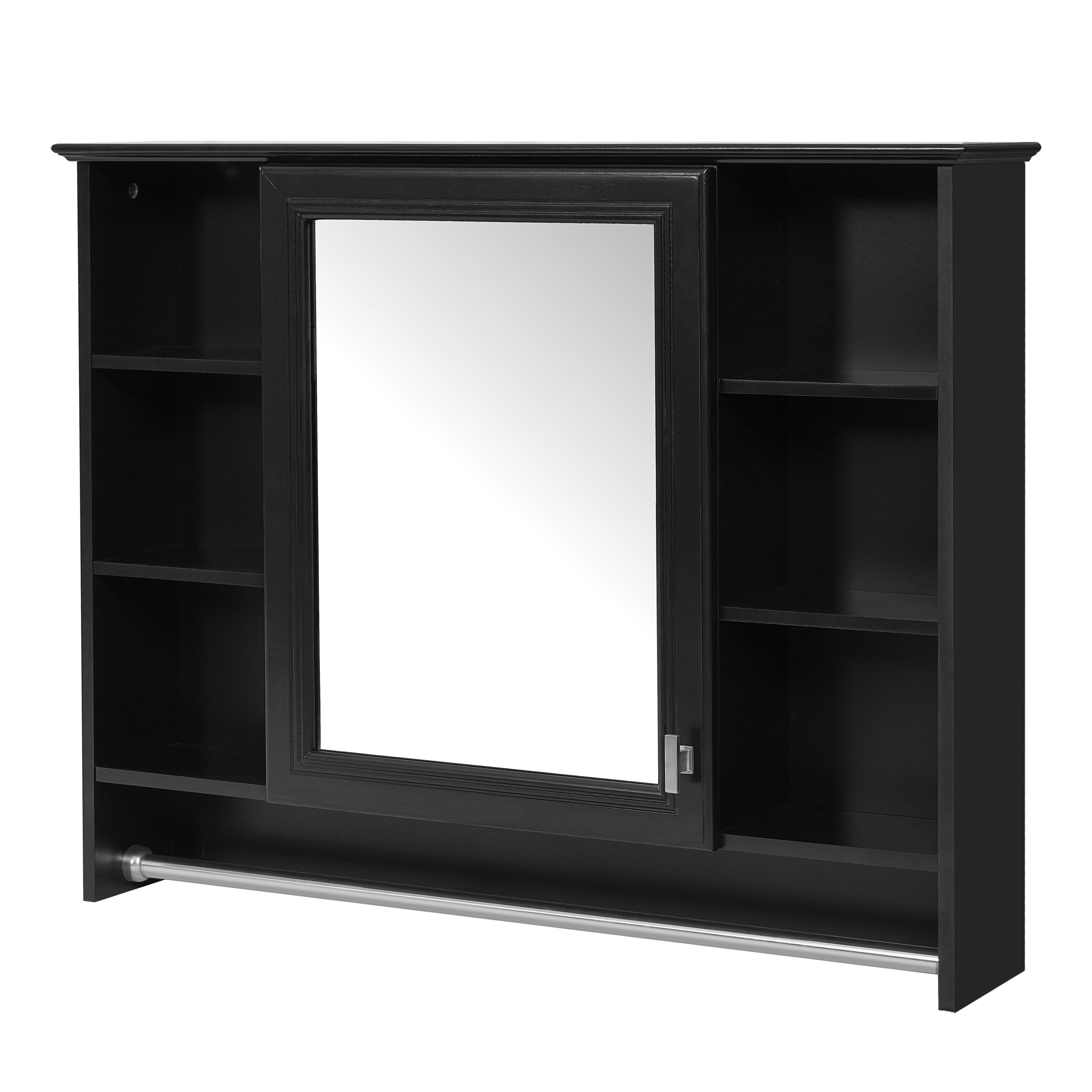36-inch Modern Black Wall-Mounted Mirror Cabinet with Adjustable Shelf, Soft-Close Door, and Towel Bar in MDF and Rubber Wood