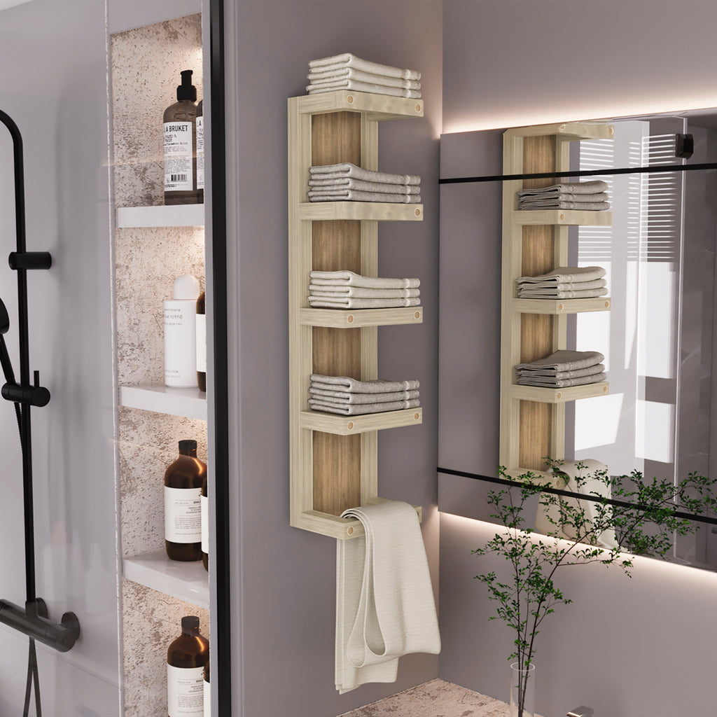 Arlington 5-Tier Wall Towel Rack, Vertical Storage Organizer for Bathroom Towels and Accessories, Natural Oak