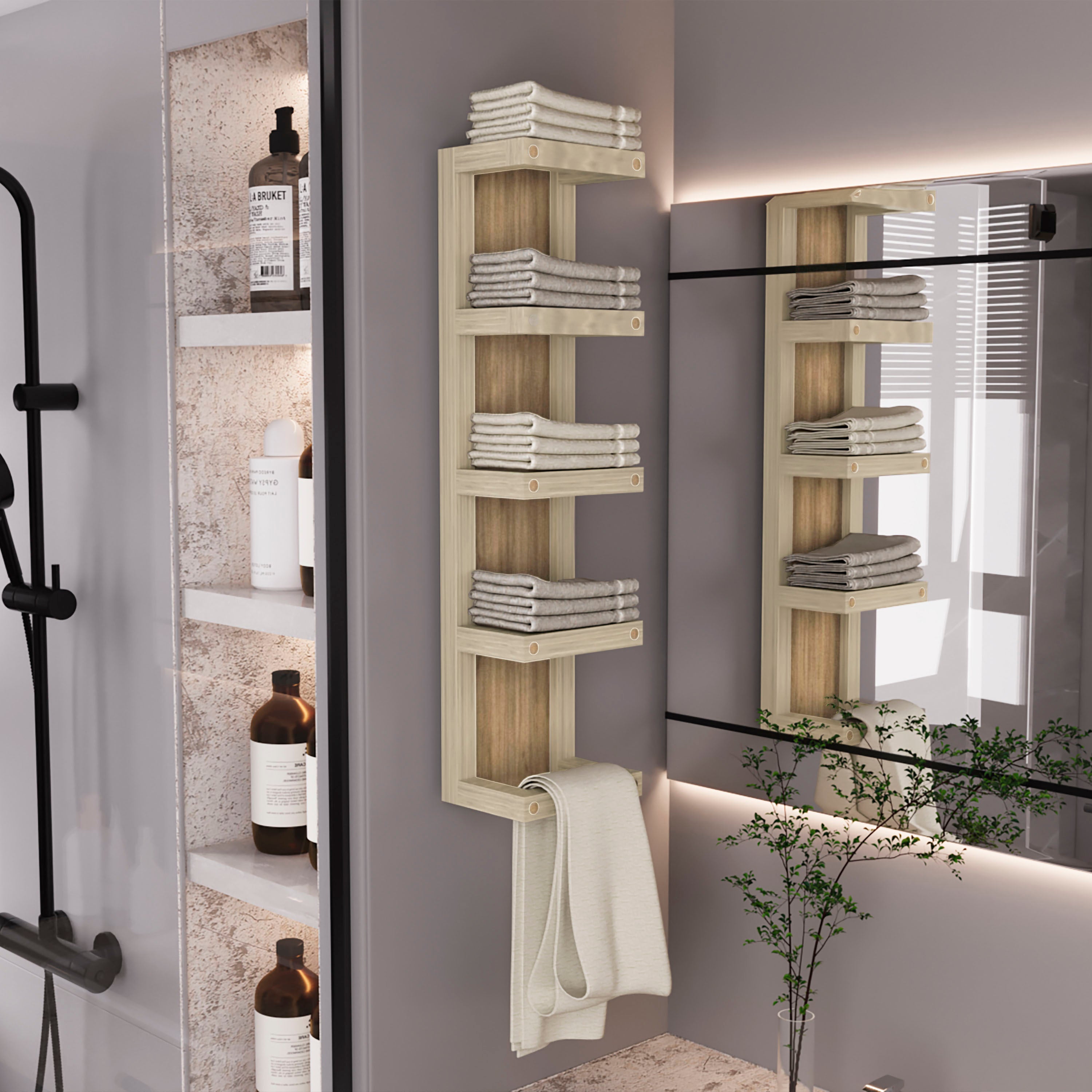 Arlington 5-Tier Wall Towel Rack, Vertical Storage Organizer for Bathroom Towels and Accessories, Natural Oak