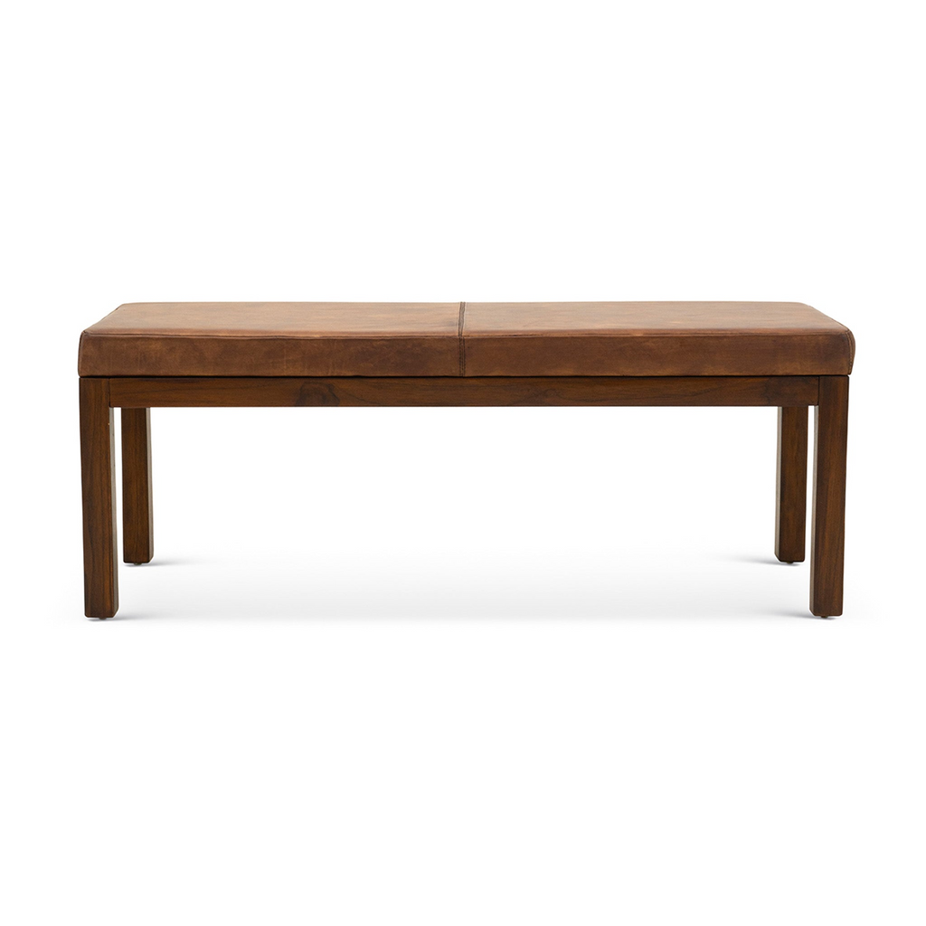 Austin Mid-Century Modern Antique Tan Leather Bench with Solid Wood Legs and High-Density Foam Cushion
