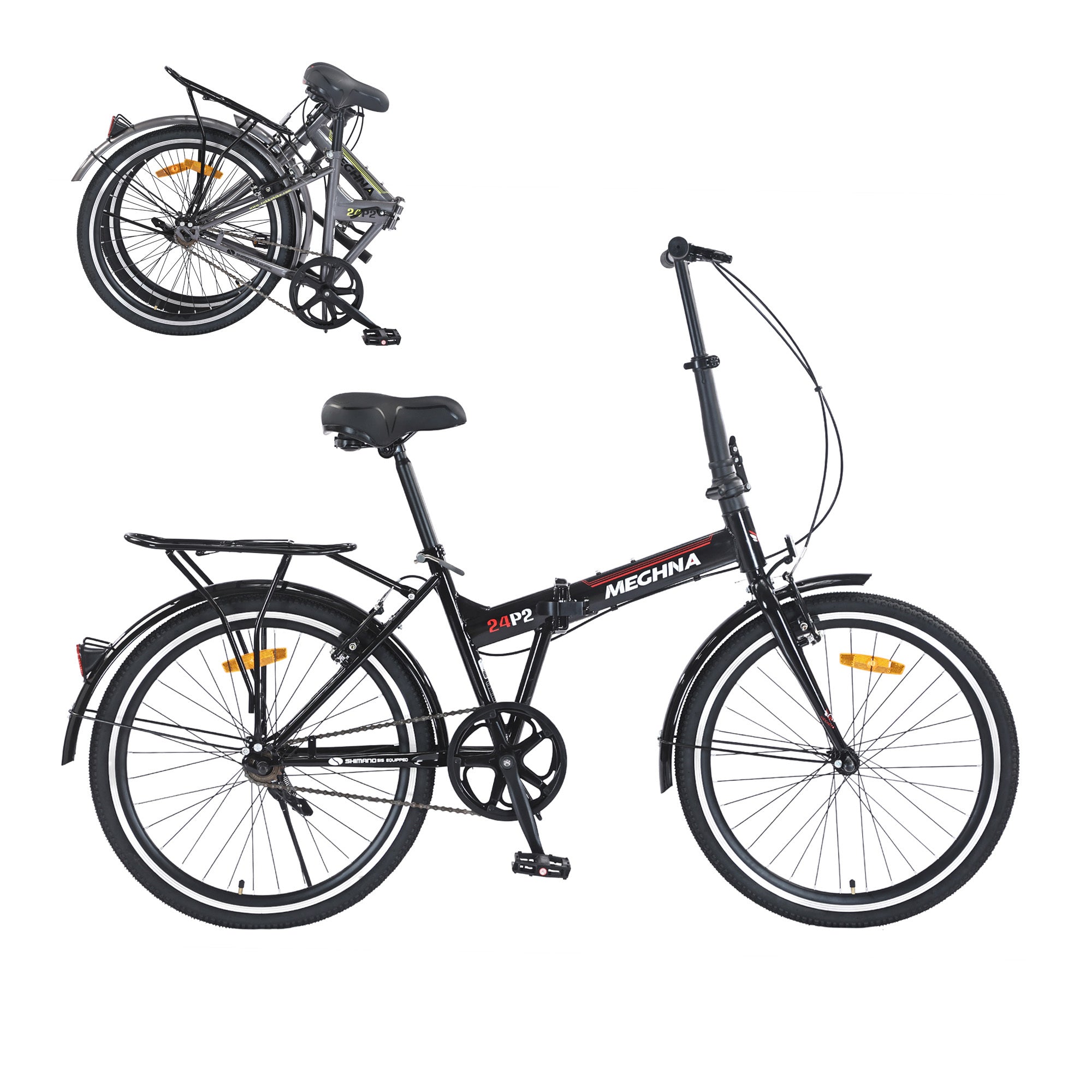 24 Inch Folding Bike for Adults with Fenders, Steel Frame Single Speed City Commuter, Dual V-Brake Portable Compact Bicycle for Men & Women