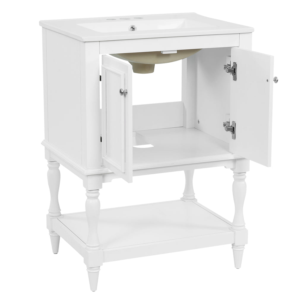 Modern Luxury 24 inch Bathroom Vanity with Ceramic Sink, White Rectangular Cabinet with Open Shelf and Closed Storage, Solid Wood+MDF Frame with Iron Handle