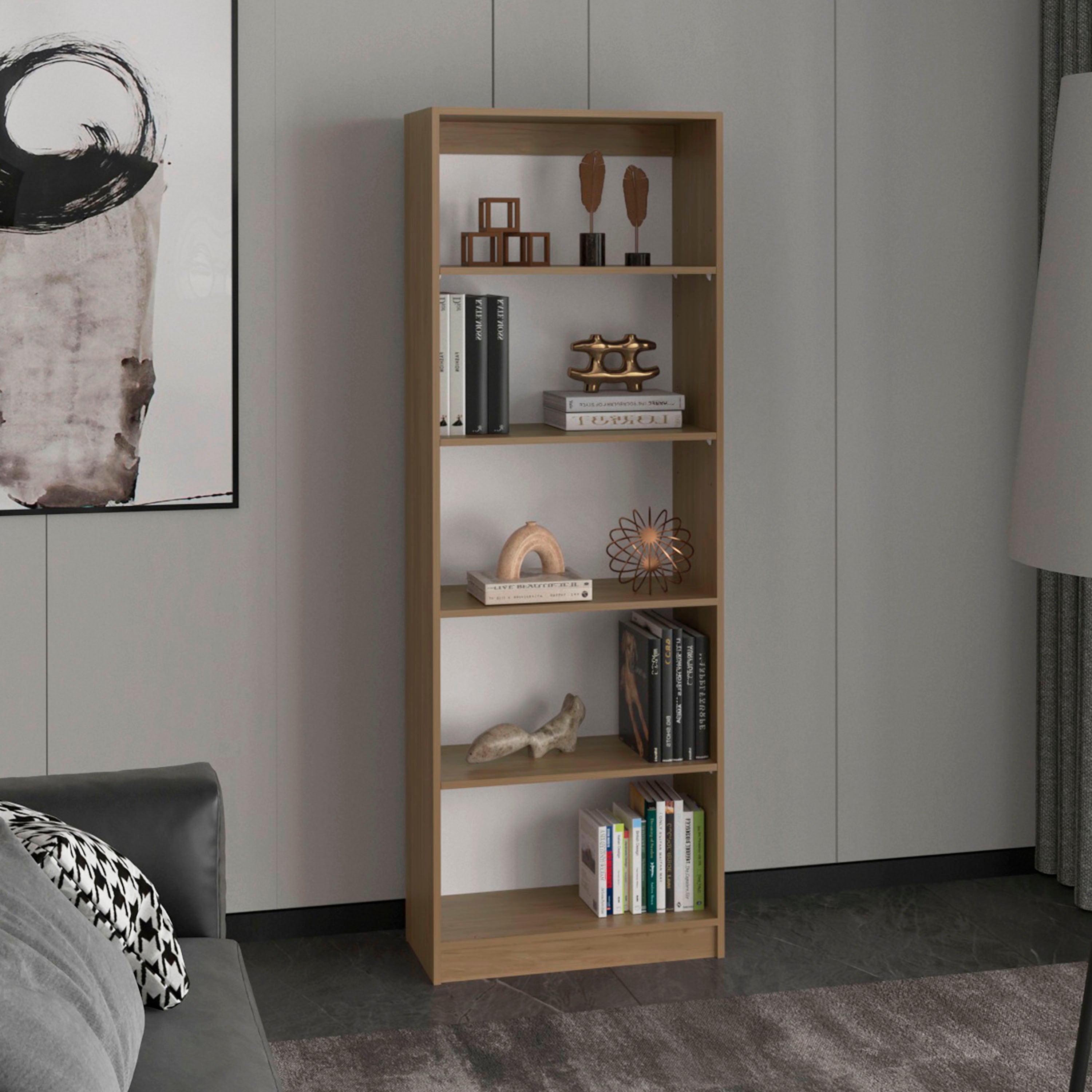 Home Four Shelves Bookcase With Multi-Tiered Storage, Natural Oak