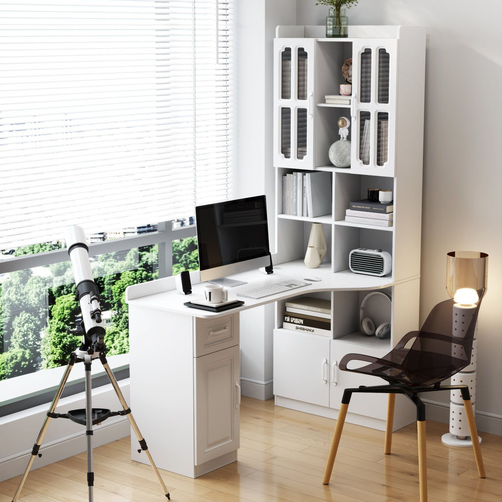 L-Shaped Corner Computer Desk  for Home Office or Study desk, Study Modern Style Table with Drawers, Bookshelf & Hutch, 2-in-1 L-Shaped Design, Large Working Space,white