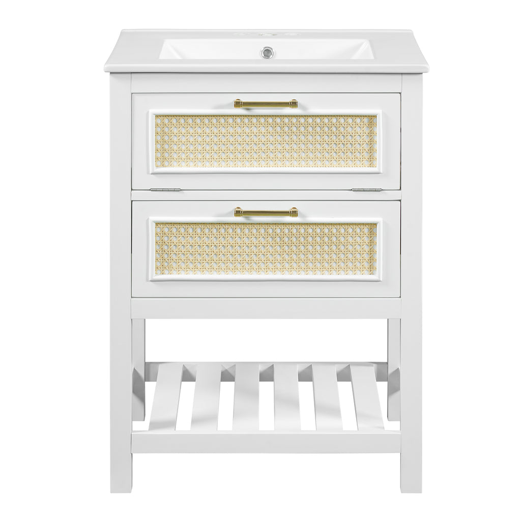 Modern 24' Bathroom Vanity with Integrated Ceramic Sink, White MDF Cabinet with 1 Deep Drawer and 1 Tip-Out Drawer, Compact Design for Small to Medium Restrooms