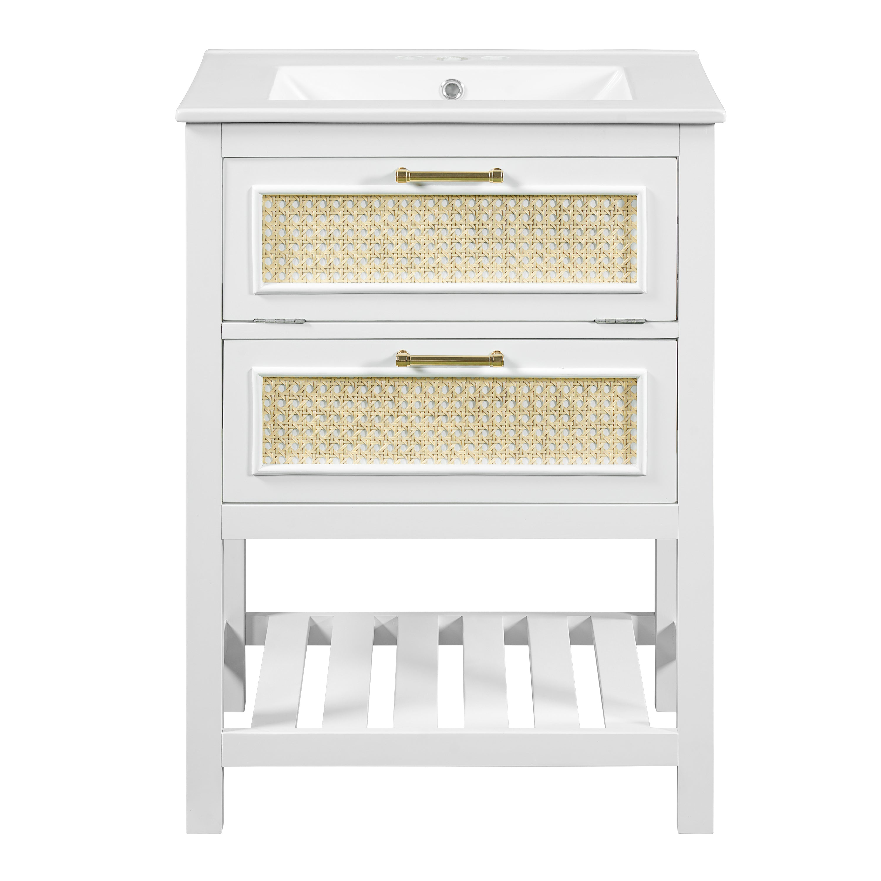 Modern 24' Bathroom Vanity with Integrated Ceramic Sink, White MDF Cabinet with 1 Deep Drawer and 1 Tip-Out Drawer, Compact Design for Small to Medium Restrooms