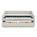 Mid-Century Twin Size Daybed with Drawers, Button Tufted Back and Copper Nail Trimmed Waved Arms, Beige Linen Upholstery, 81.5''x41''x30.5''