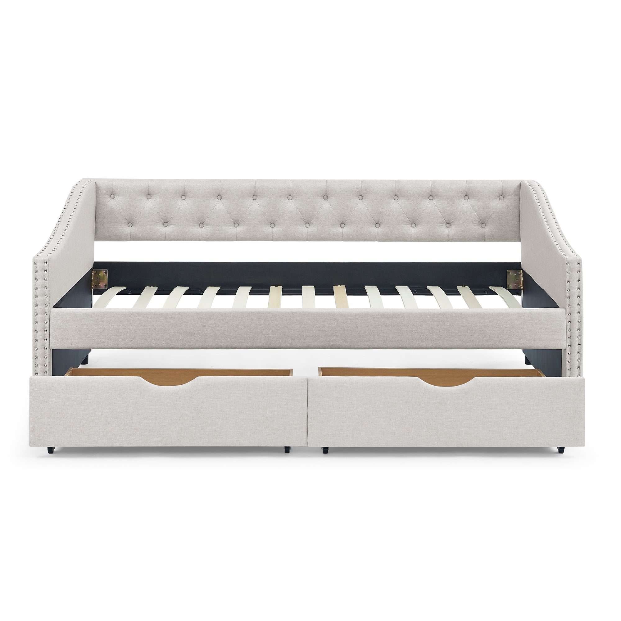 Mid-Century Twin Size Daybed with Drawers, Button Tufted Back and Copper Nail Trimmed Waved Arms, Beige Linen Upholstery, 81.5''x41''x30.5''