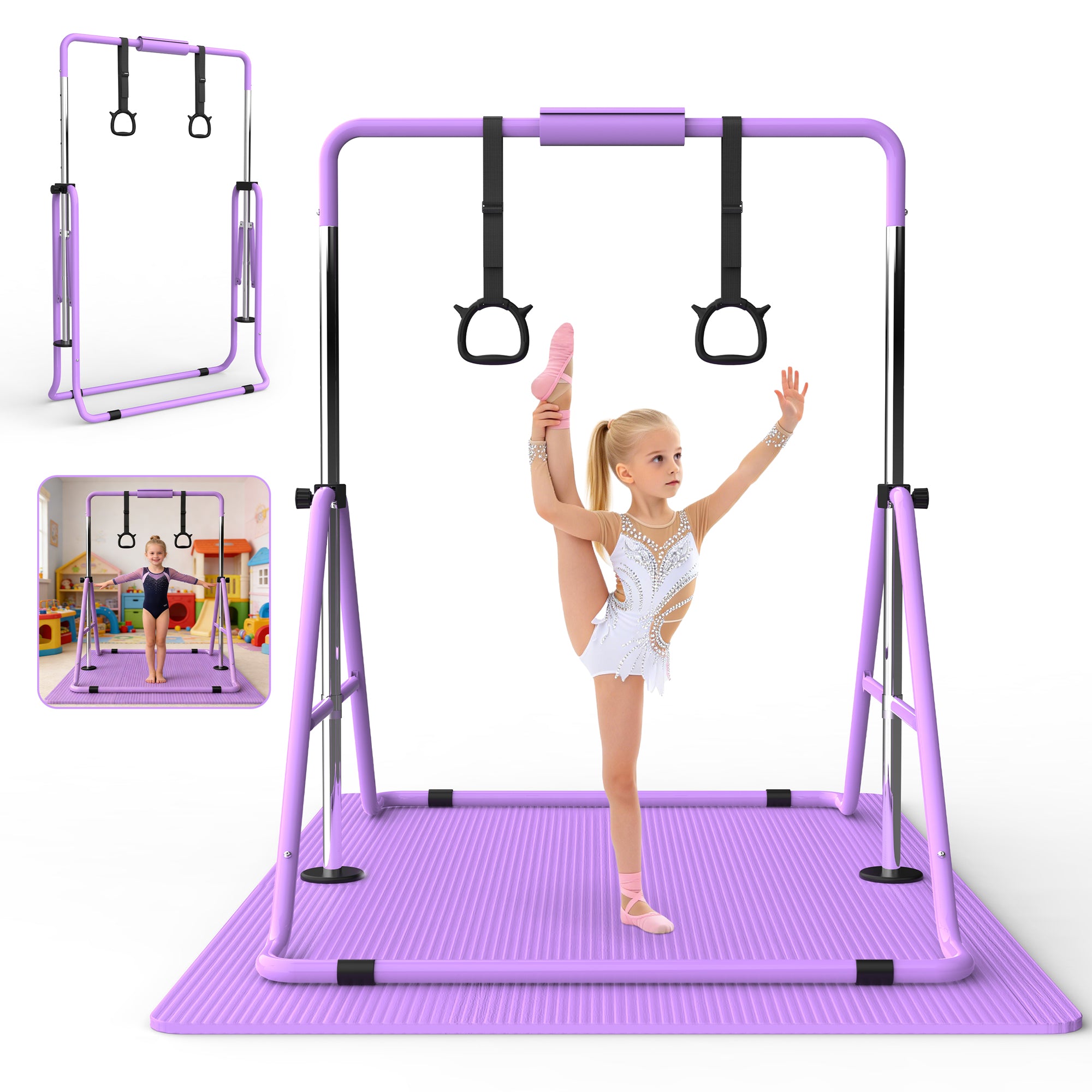 Gymnastics Bar for Kids, Gymnastics Horizontal Bar with Adjustable Height Foldable Training Bar with Mat for Home Practice