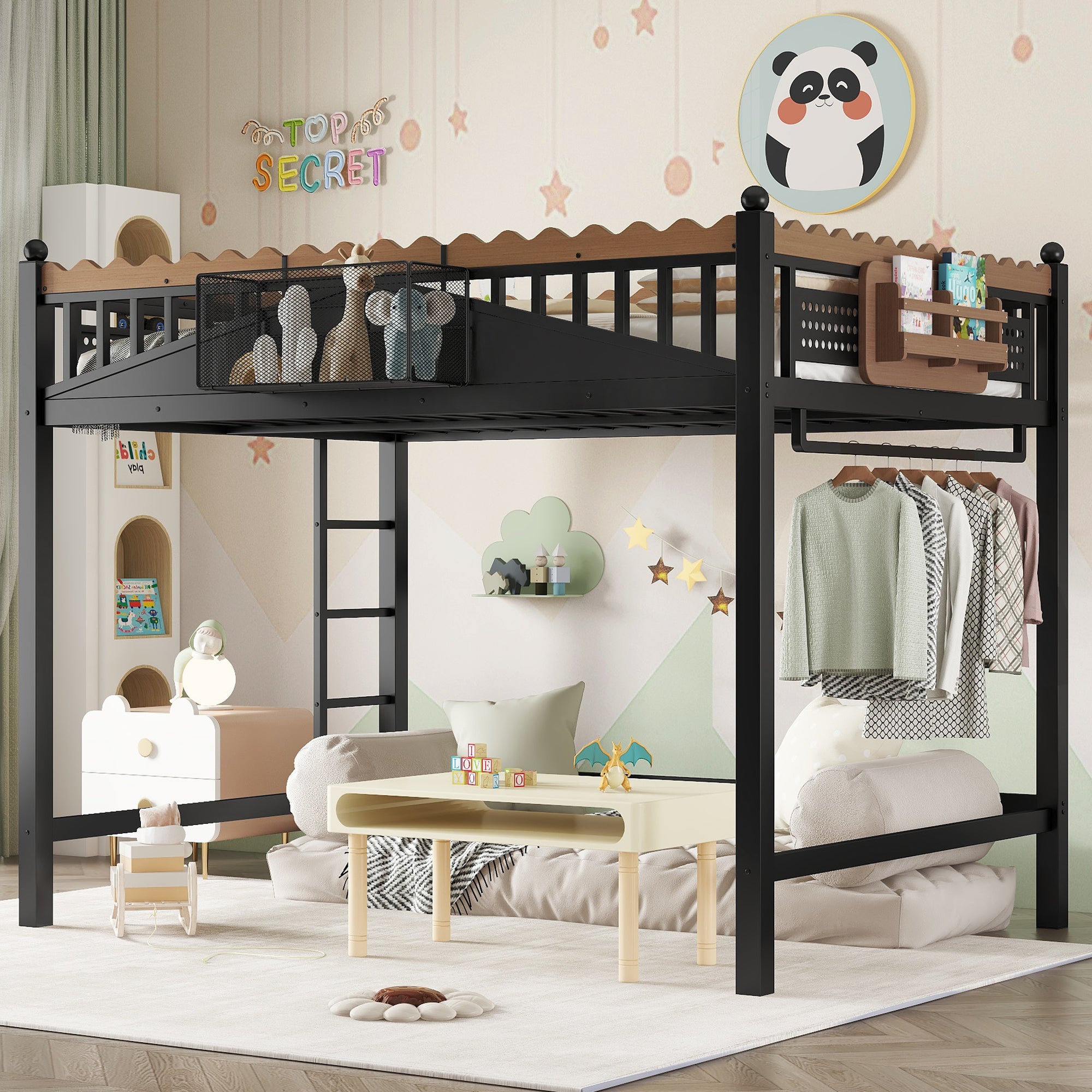 Full Size Loft Bed with Ladders, Metal Loft Bed with Storage Shelves and bookshelf, No Box Spring Needed and Chic Design, Black
