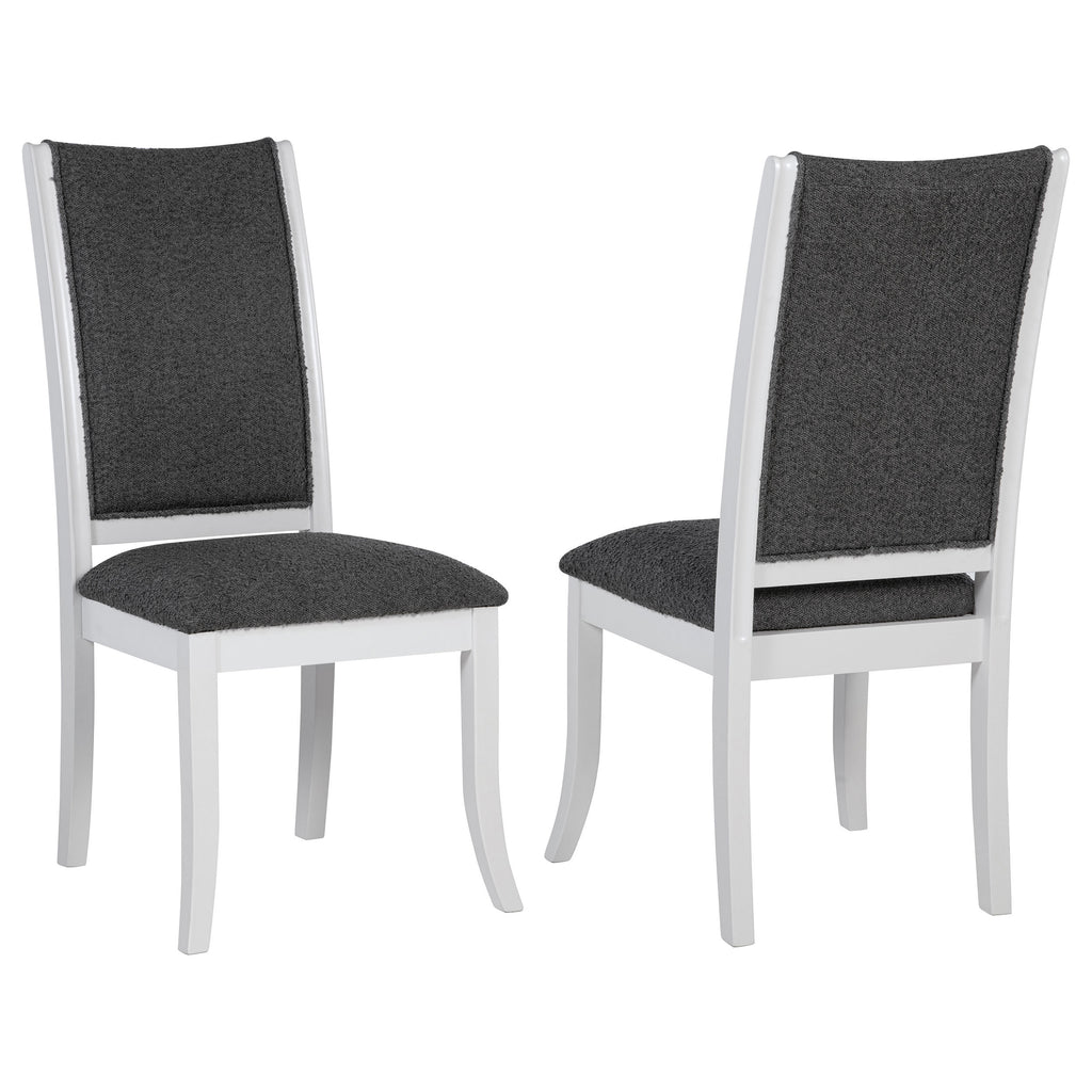 Tyler Pearl White Upholstered Dining Side Chair Set of 2: Modern Armless Design with Foam-Padded Dark Grey Fabric Cushions, Clean Lines, and Flared Legs
