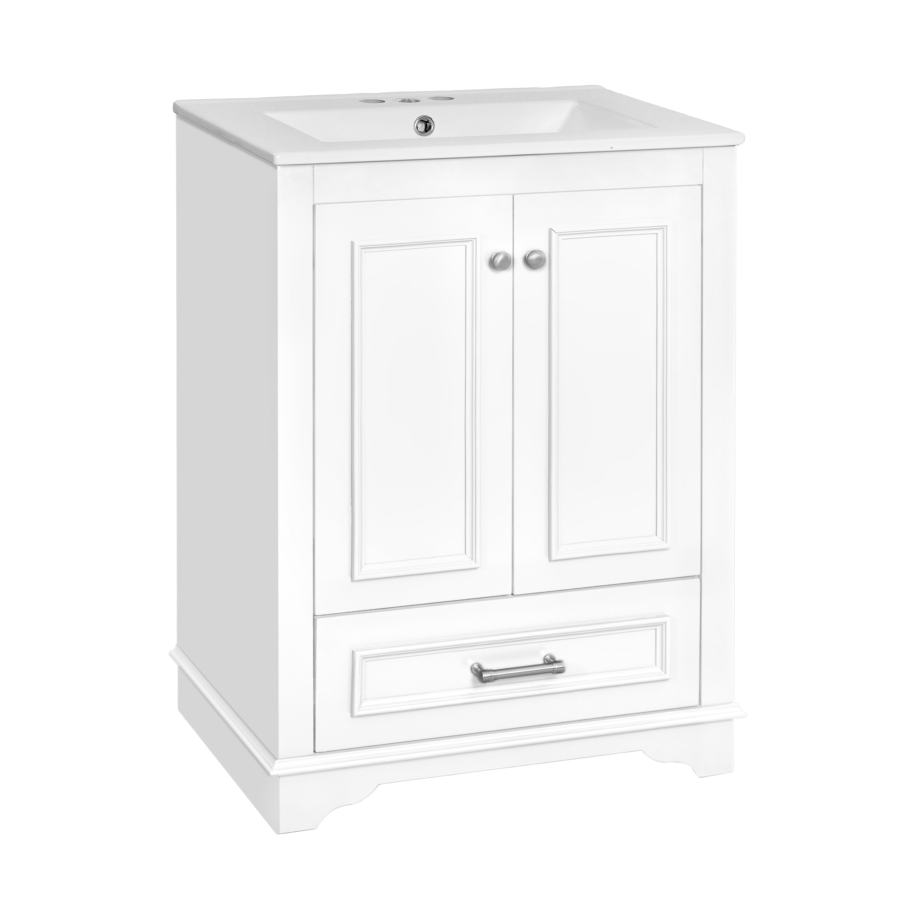 Modern 24'' Bathroom Vanity with Ceramic Sink Combo, White Freestanding Cabinet with Silver Handles, Soft Closing Doors, Solid Wood Frame & MDF Construction