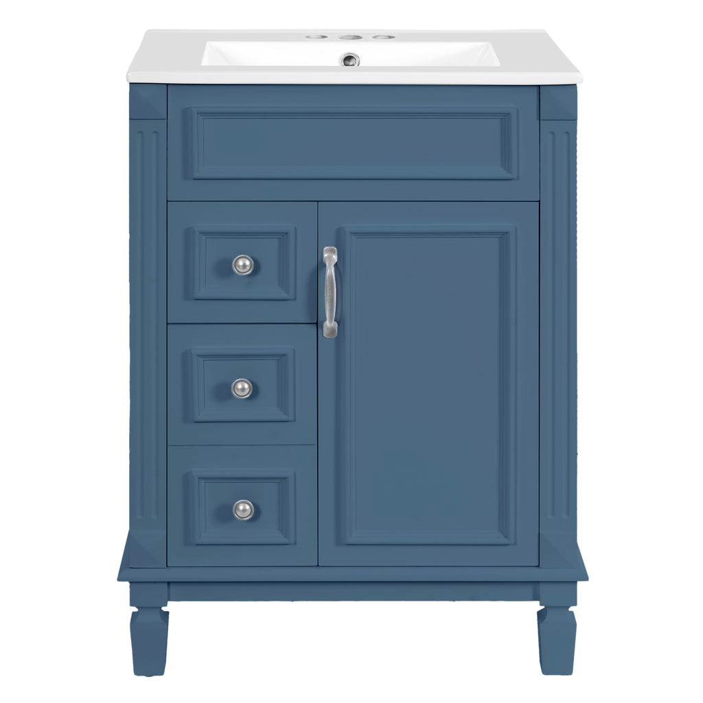 Modern Blue Bathroom Vanity with Ceramic Sink, 24' Compact Cabinet with 2 Drawers and Adjustable Shelf, MDF+Solid Wood Construction