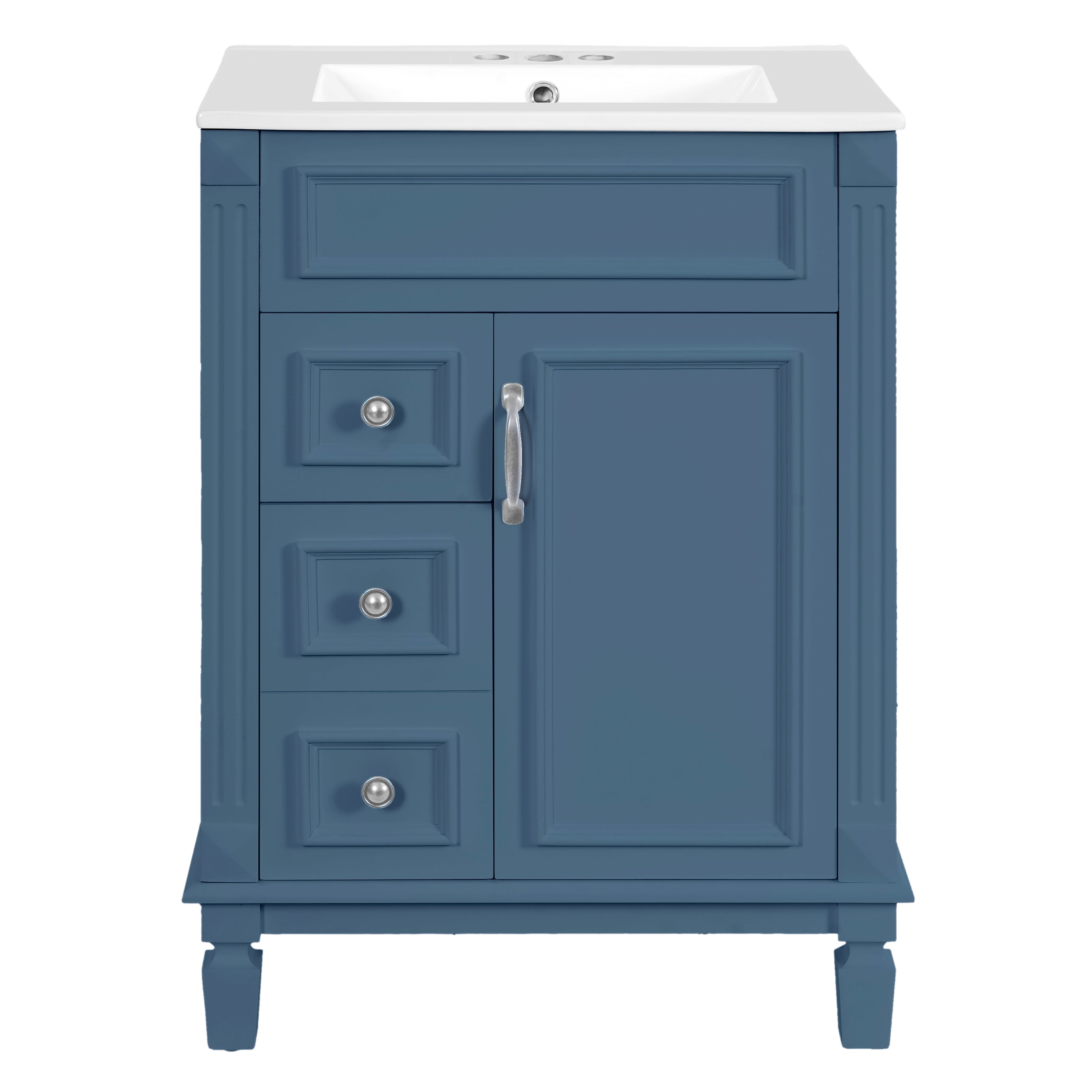 Modern Blue Bathroom Vanity with Ceramic Sink, 24' Compact Cabinet with 2 Drawers and Adjustable Shelf, MDF+Solid Wood Construction