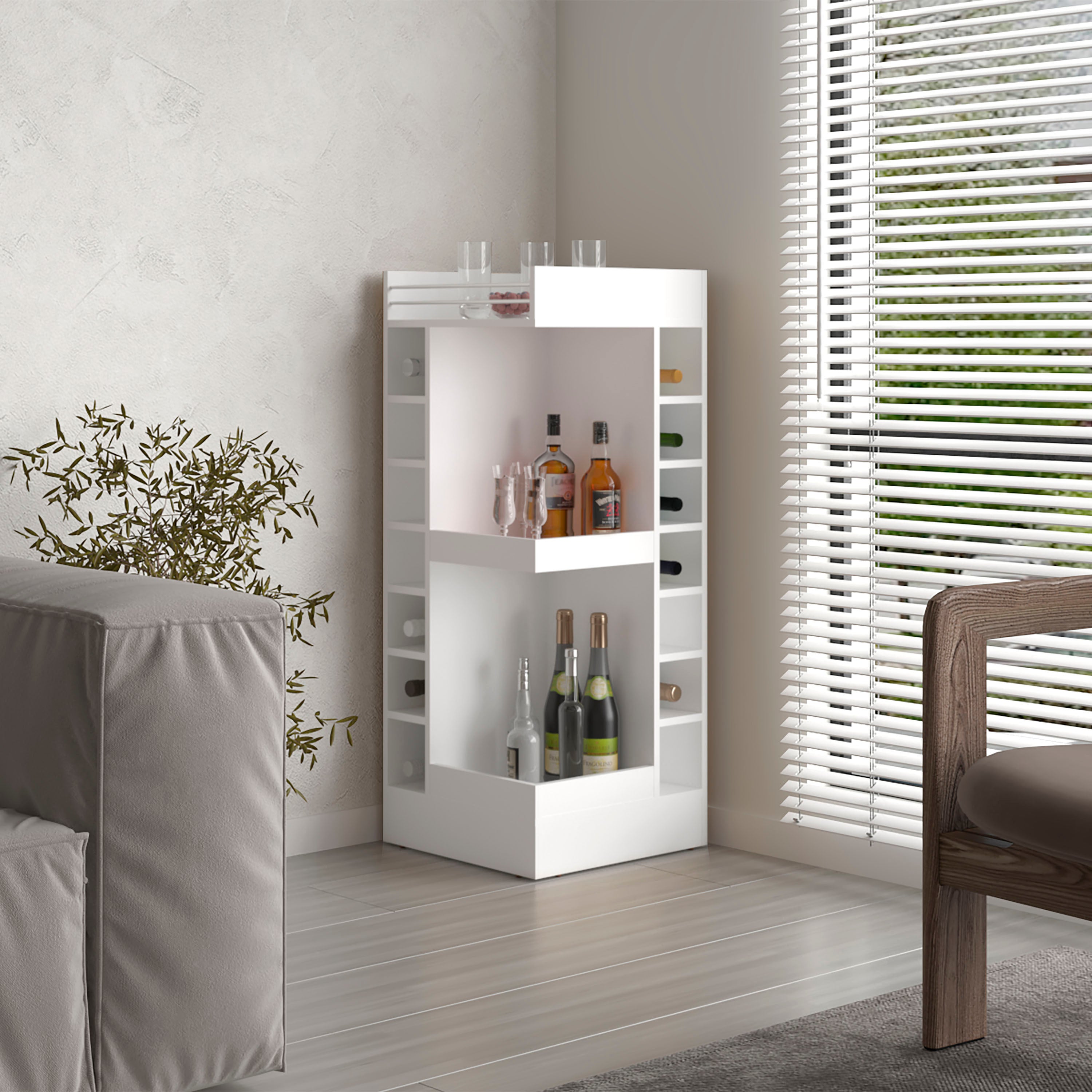 Lyman 46' Tall 3-Tier Corner Bar Cabinet with Fourteen Wine Bottle Cubbies, Living Room, Liquor Cabinet, Storage Cabinet White
