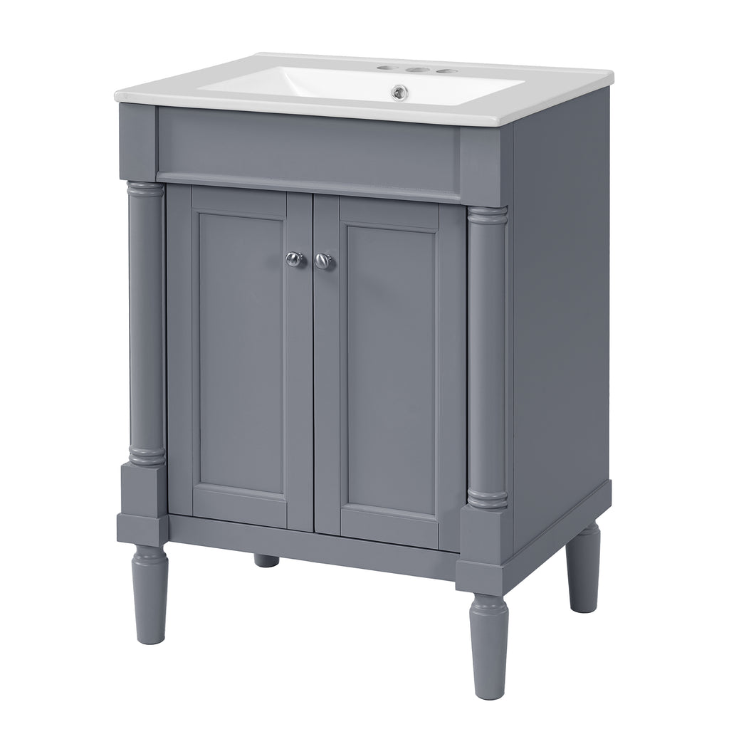 Modern 24'' Bathroom Vanity with Top Sink, 2-Tier Storage Cabinet in Grey, Ceramic Basin on Solid Wood Frame with MDF Construction