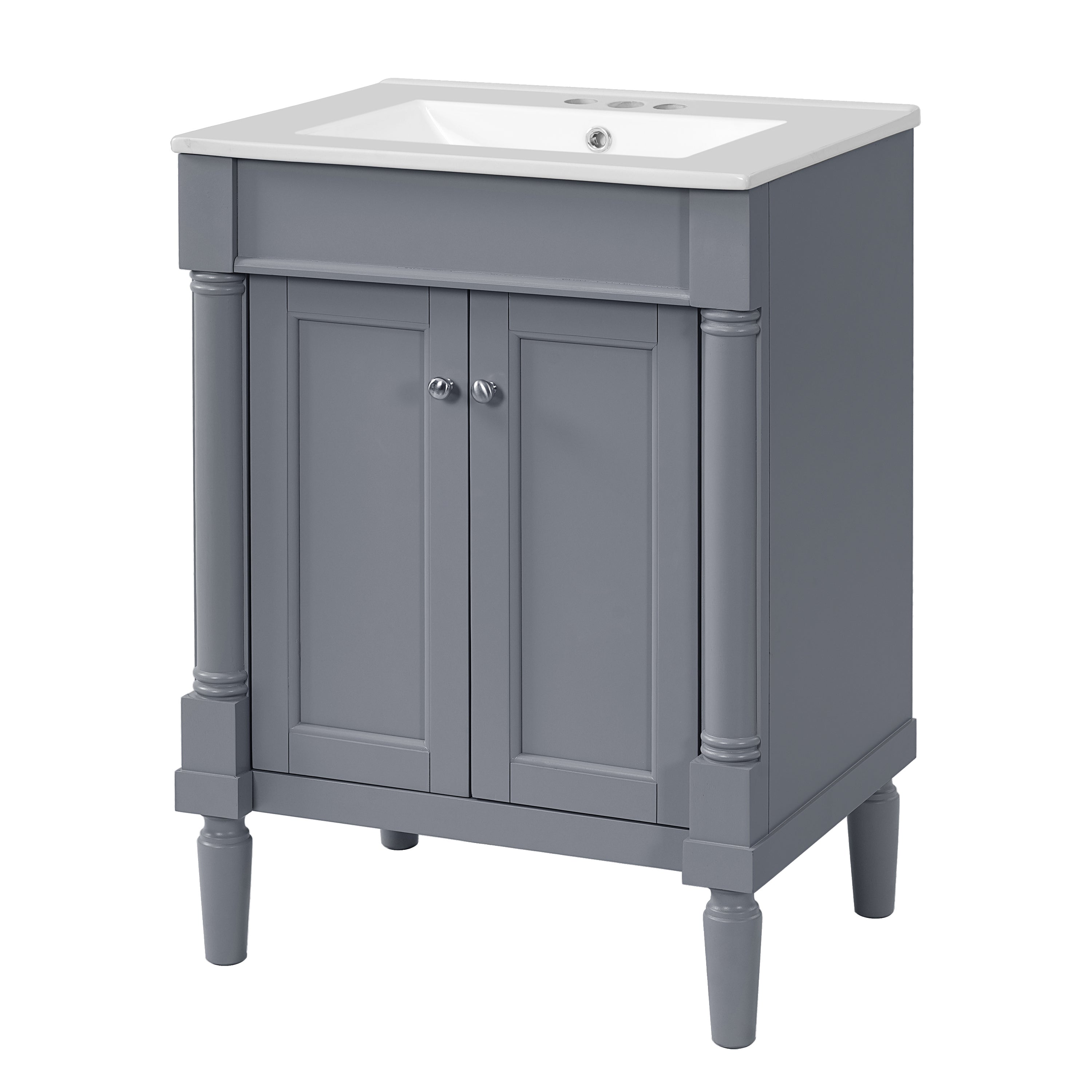 Modern 24'' Bathroom Vanity with Top Sink, 2-Tier Storage Cabinet in Grey, Ceramic Basin on Solid Wood Frame with MDF Construction