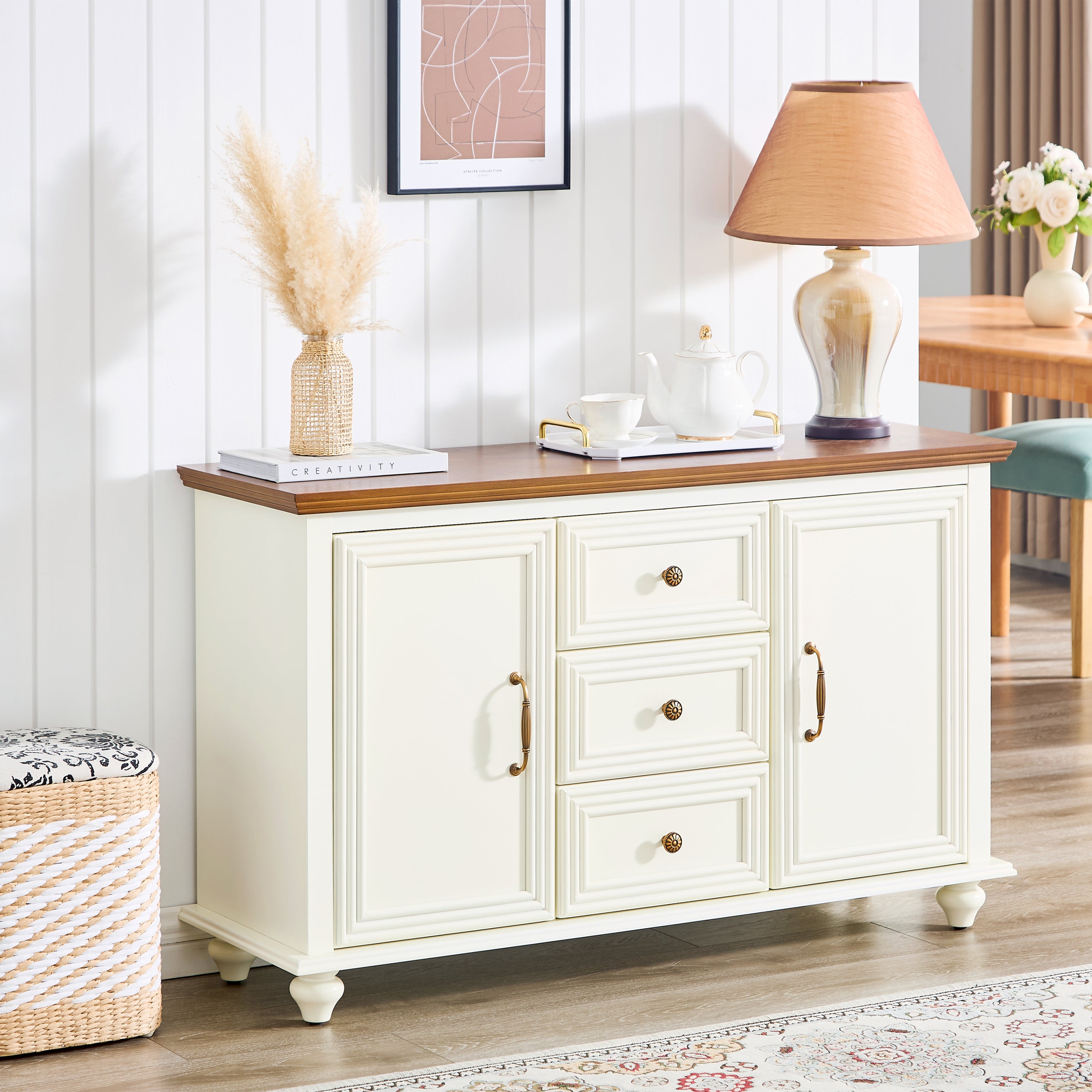 47.3' Mid Century Modern Sideboard Buffet Cabinet with Storage, Wood Storage Cabinet with 2 Doors and 3 Drawers for Kitchen Dining Living Room Entryway, Accent Console Table, Brown and White