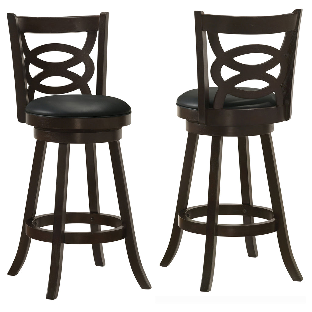 Cappuccino Swivel Bar Stool Set of 2 in Espresso Finish with Black Leatherette Seat and Wooden Frame