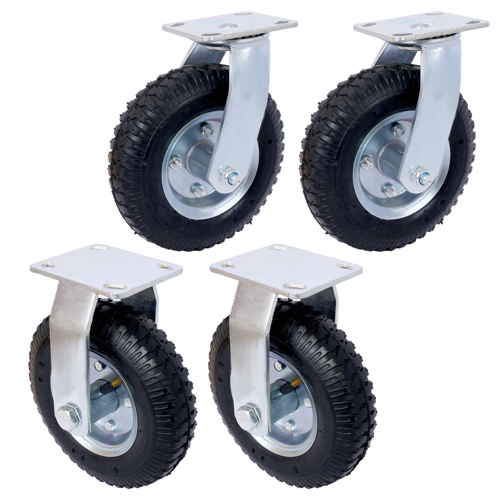 4PCS 8IN CASTER pneumatic tire(2PCS SWIVEL+2PCS RIGID), Caster Wheel, Steel Hub with Ball Bearings, 5/8-Inch Bore Centered Axle -black