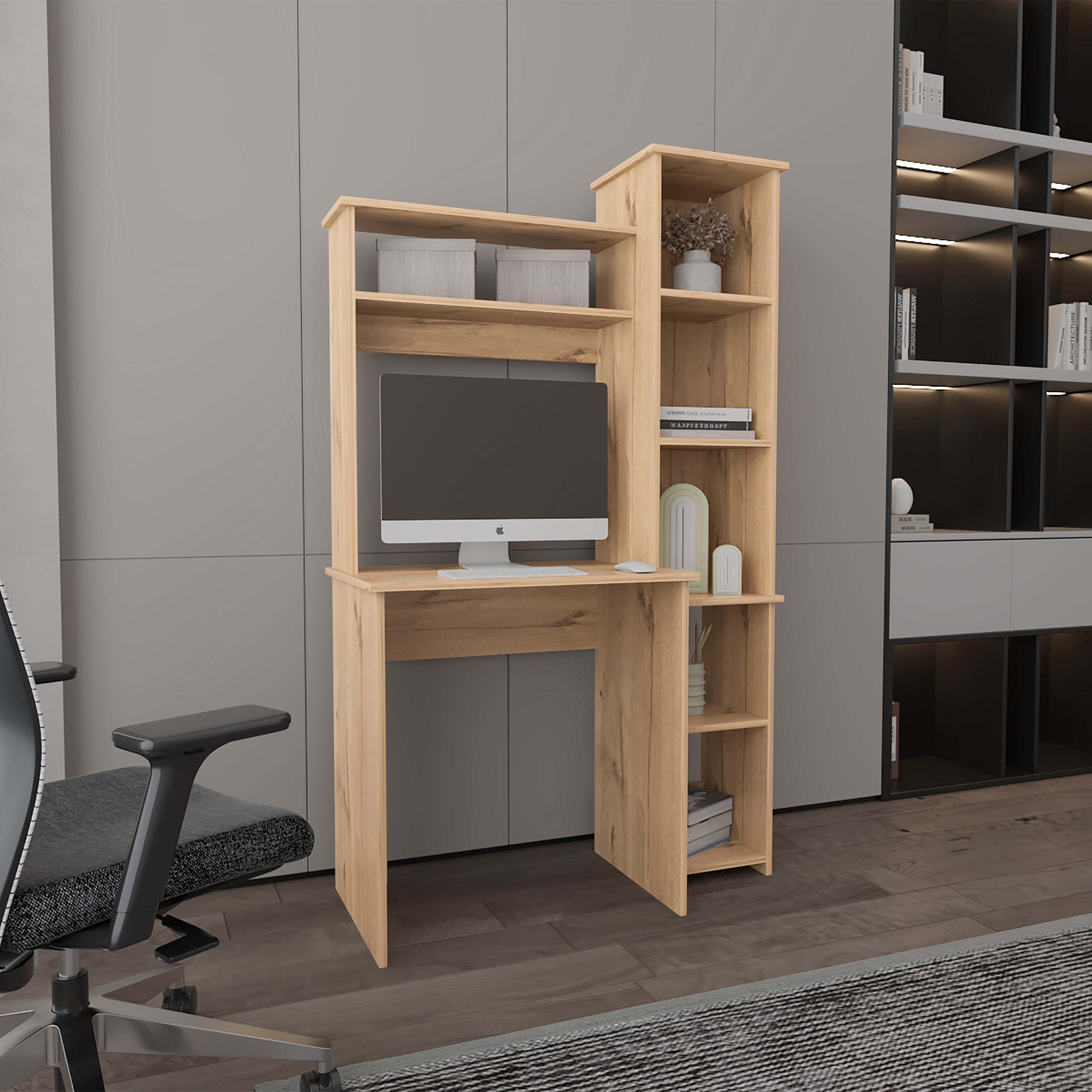 Light Oak 6-Shelf Writing Desk with Built-in Bookcase