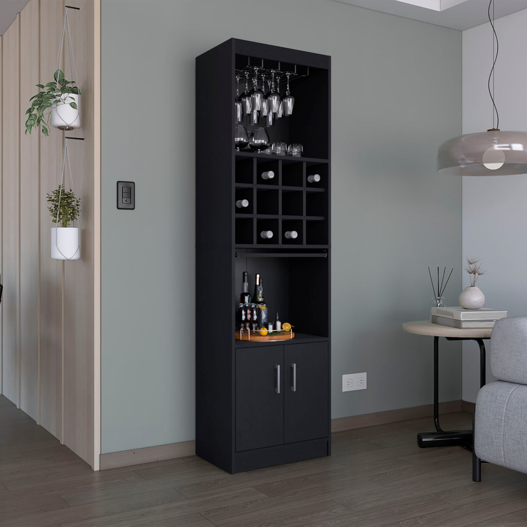 Kevil 71-Inch Tall Bar Cabinet 5-Tier Modern Bar Cabinet with Glass Holder Stemware Rack, Wine Cabinet, Liquor Cabinet, 12 Bottle Cubbies, 5 Shelves, and Pull Out Tray