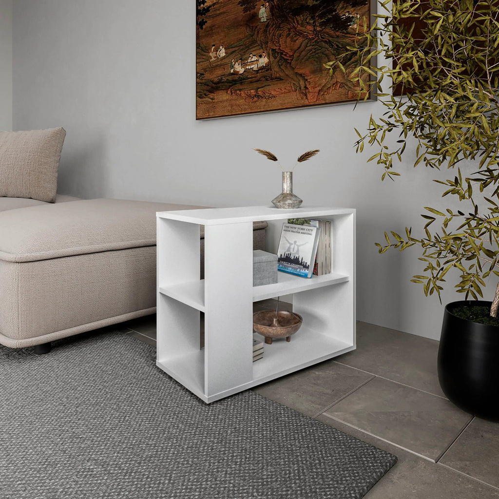 White Side Table in Melamine with Open Storage