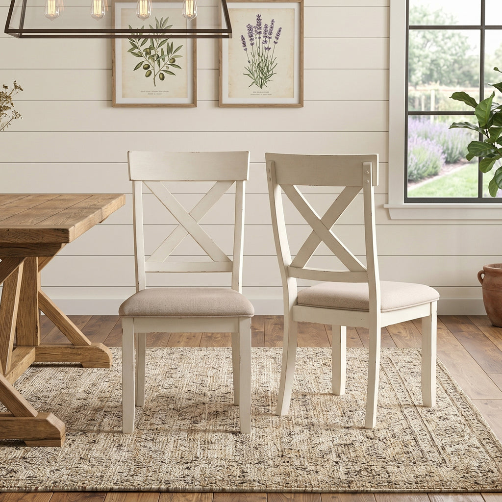 Prato Wood Cross Back Upholstered Dining Chairs, Set Of 2, Antique White