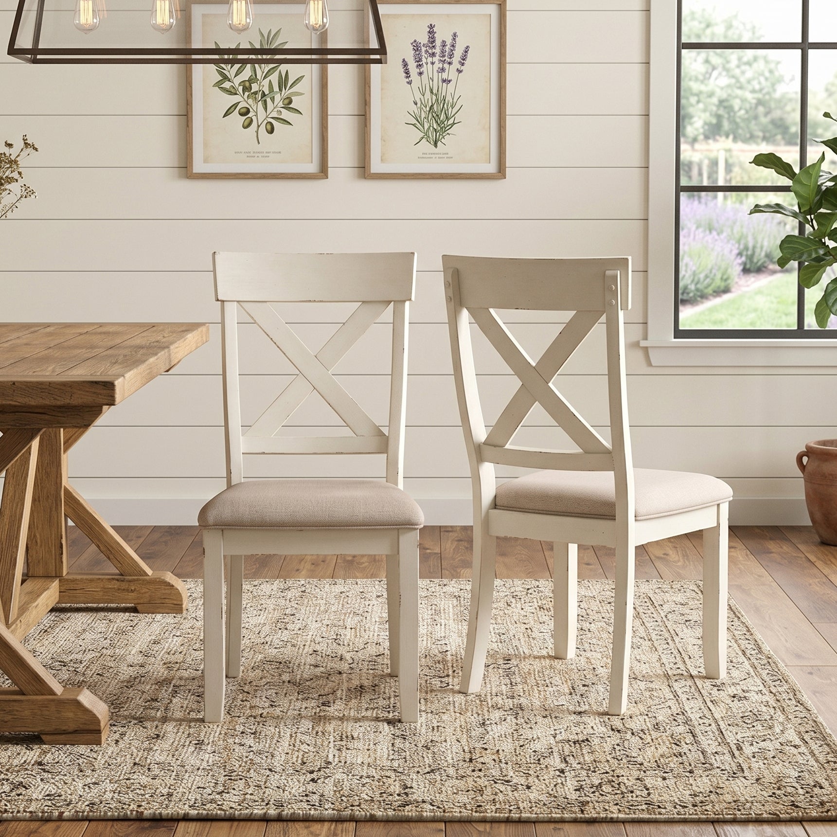Prato Wood Cross Back Upholstered Dining Chairs, Set Of 2, Antique White