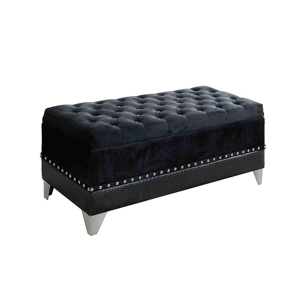 Black Tufted Trunk with Nailhead Trim - Elegant Storage Solution in Velvet Finish, Polished Nickel Accents, and Mirror-Like Legs