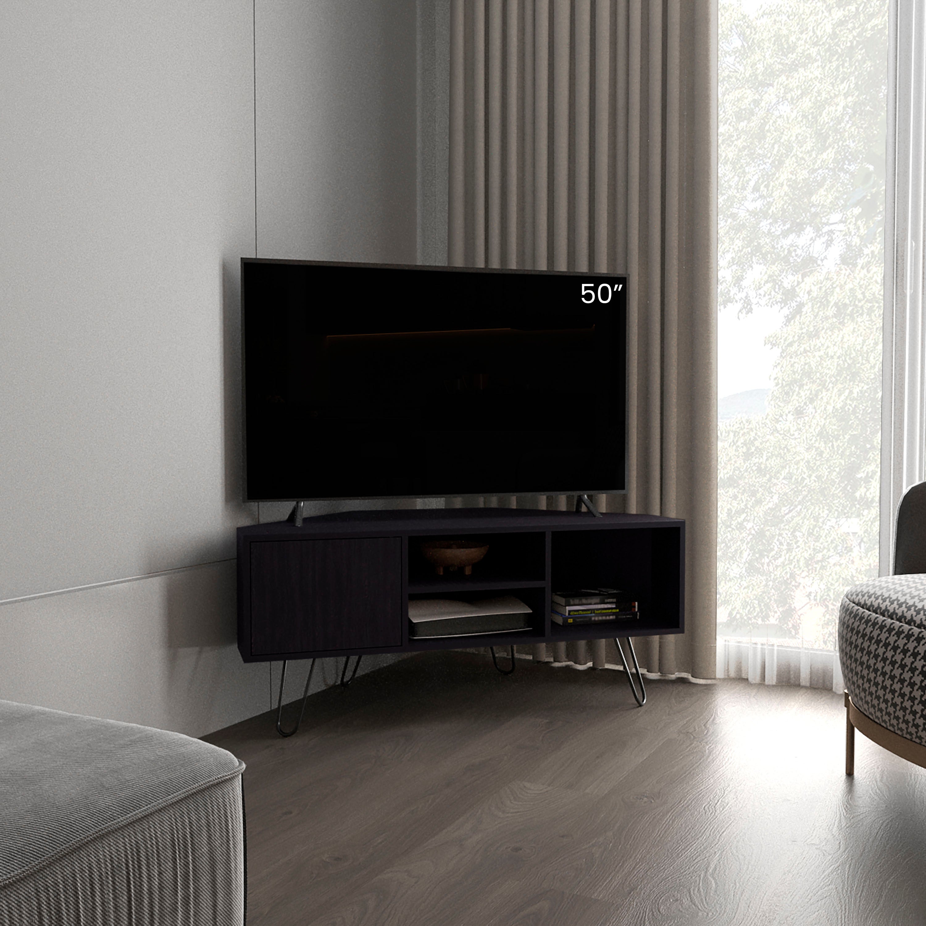 Lancaster Corner Tv Stand, With Two Shelves And Two Cabinets, Black