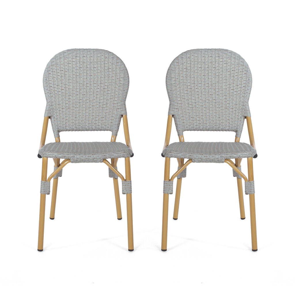 Outdoor PE Rattan and Aluminum Armless French Bistro Chairs, Gray Bamboo Finish, Set of 2