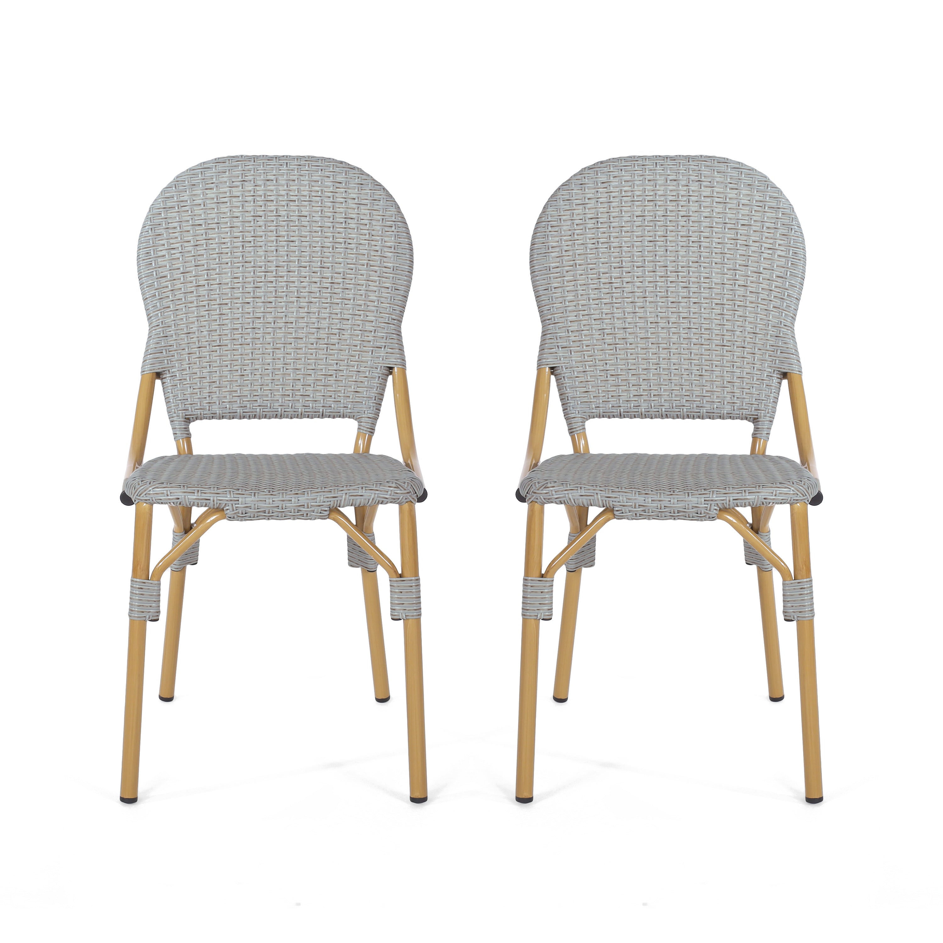 Outdoor PE Rattan and Aluminum Armless French Bistro Chairs, Gray Bamboo Finish, Set of 2