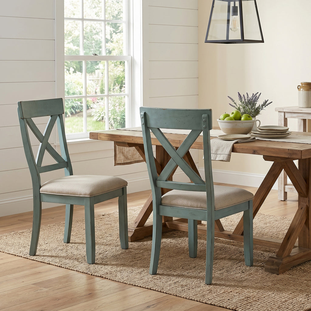 Prato Wood Cross Back Upholstered Dining Chairs, Set Of 2, Antique Blue