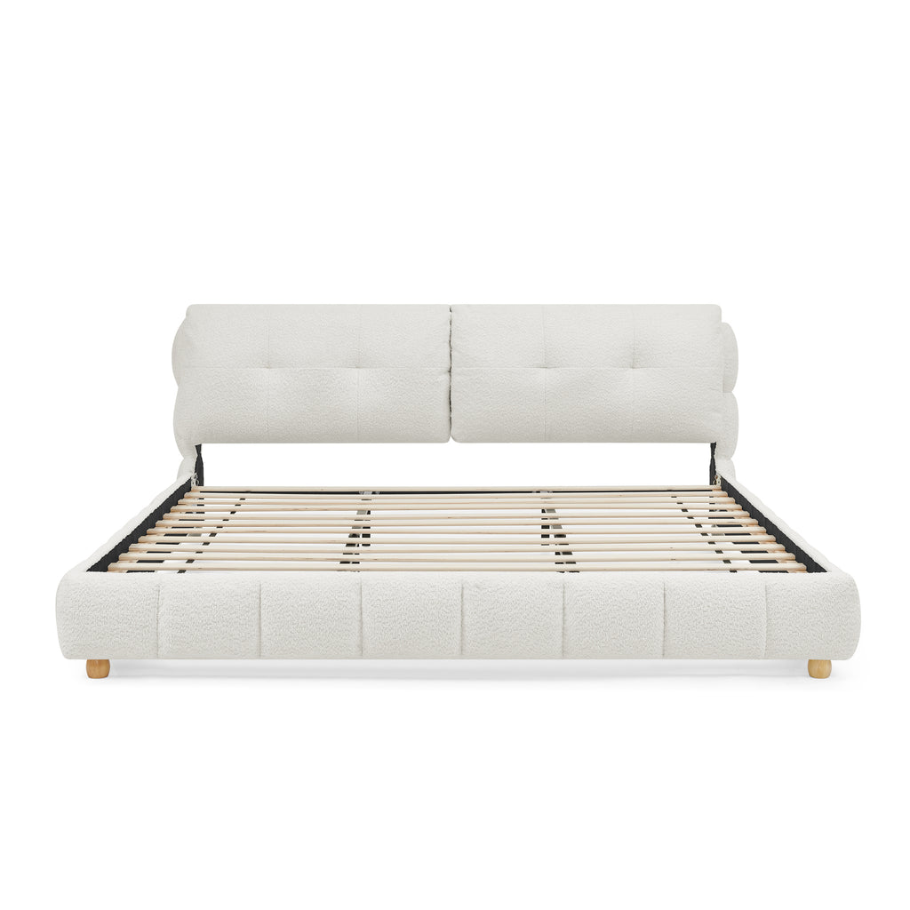 King Cream Style Bouclé Fabric Platform Bed with Solid Wood Legs, No Box Spring Needed, Beige Upholstered Frame