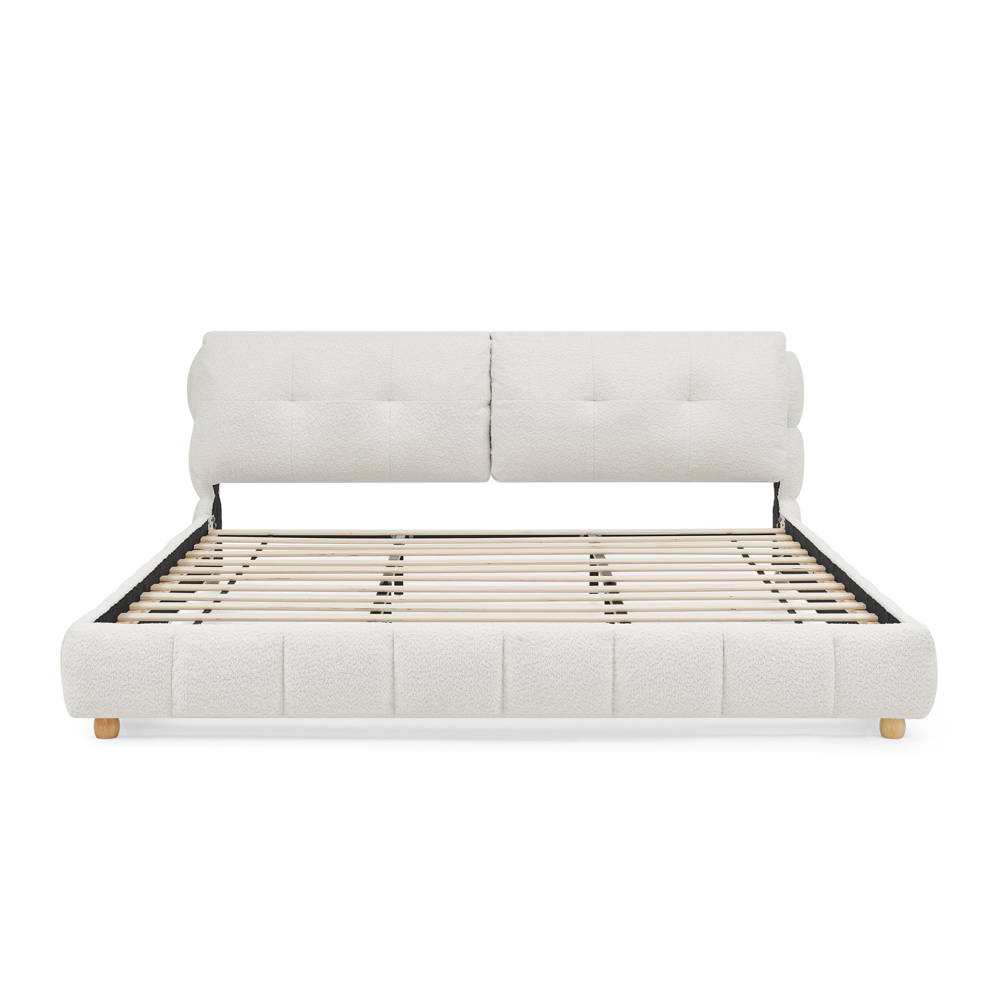King Cream Style Bouclé Fabric Platform Bed with Solid Wood Legs, No Box Spring Needed, Beige Upholstered Frame
