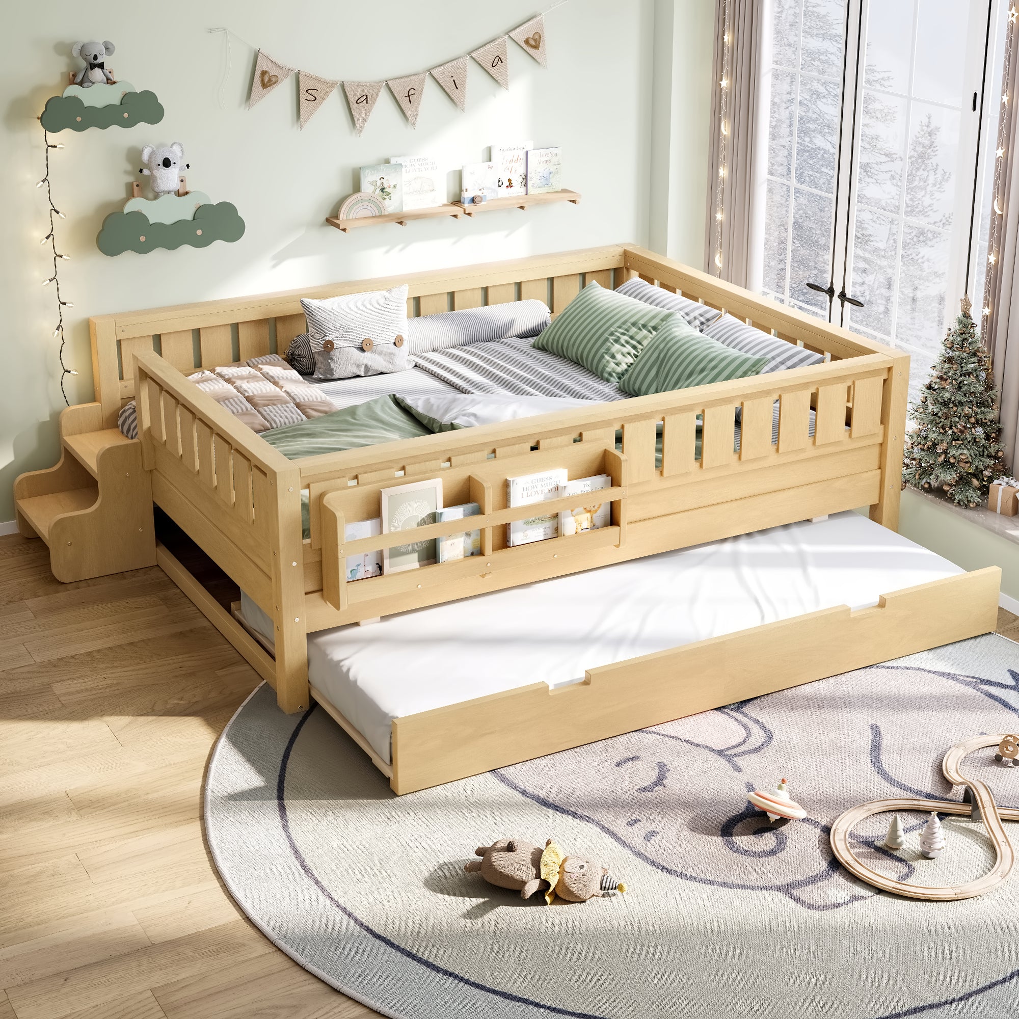 Full with built-in bookshelves and small staircase, high-quality safety rails, and Trundle,Light Natural