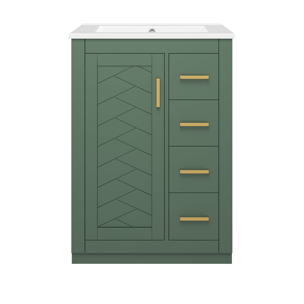 Modern Green Bathroom Vanity with Integrated Ceramic Sink, 1 Door 3 Drawers Cabinet for Small to Medium Bathrooms, MDF and Iron Construction
