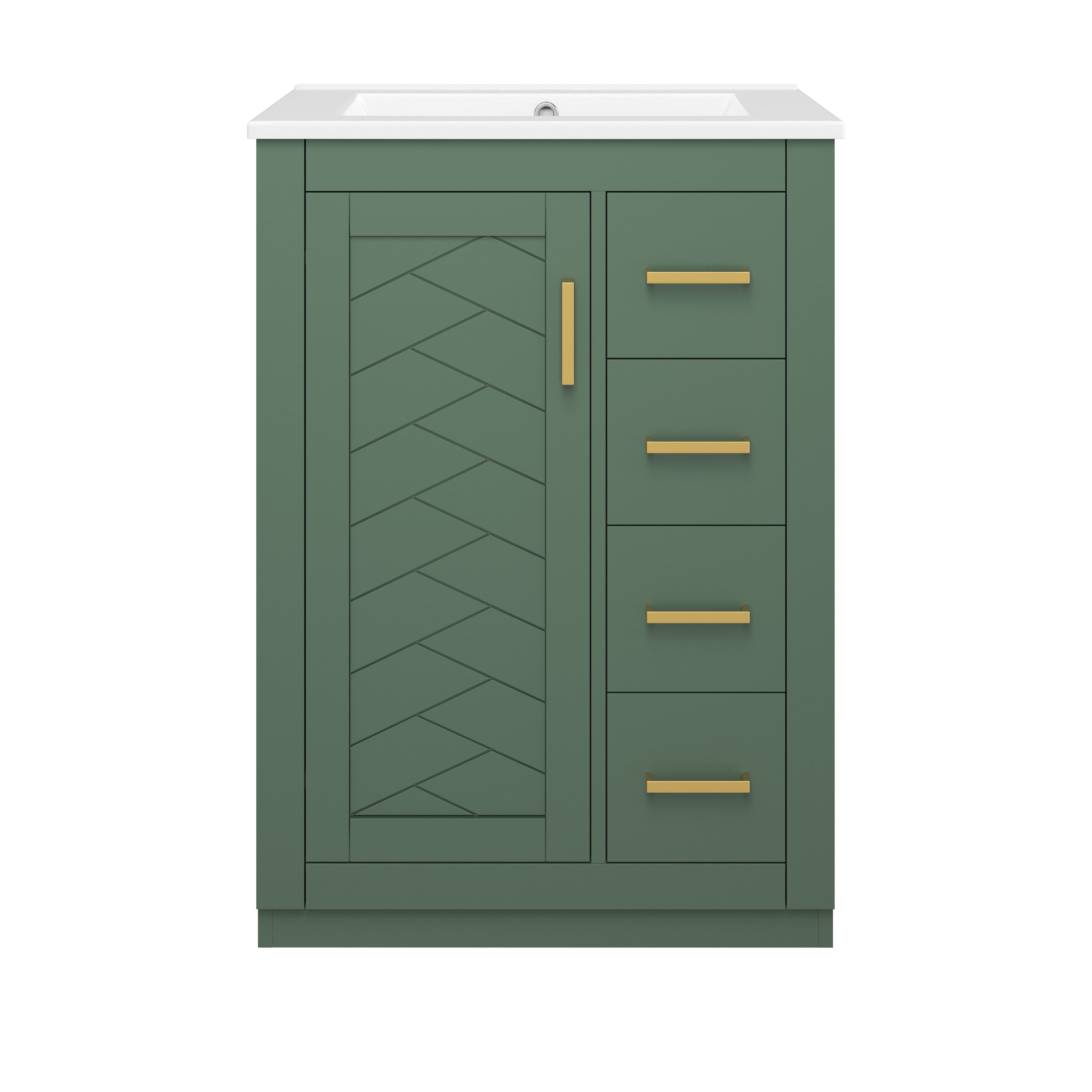 Modern Green Bathroom Vanity with Integrated Ceramic Sink, 1 Door 3 Drawers Cabinet for Small to Medium Bathrooms, MDF and Iron Construction